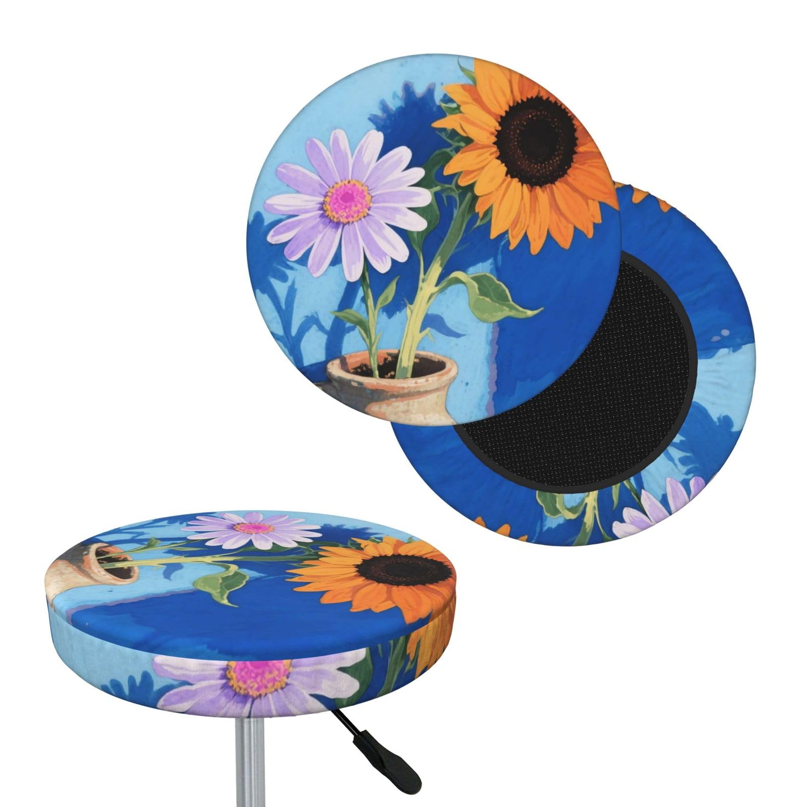 FekiLoot Daisy Sunflower Round Bar Stool Covers Stretch Washable Bar Stool Covers Dustproof Slipcover Bar Chair Covers with Elastic Band for Bar Kitchen Living Room Decor 14 Inch
