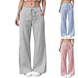 Striped Linen Pants Women Low Rise Wide Leg Pant Beach Elastic Waist Drawstring Lightweight Clothes Casual Trousers