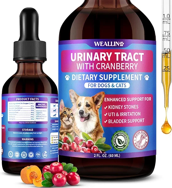 WEALLIN Cat & Dog Natural Urinary Tract Infection Treatment with Cranberry, Kidney, and Bladder Support Supplement, Support for Urinary Comfort & Bladder Flow – Pet Renal Care Support Drops