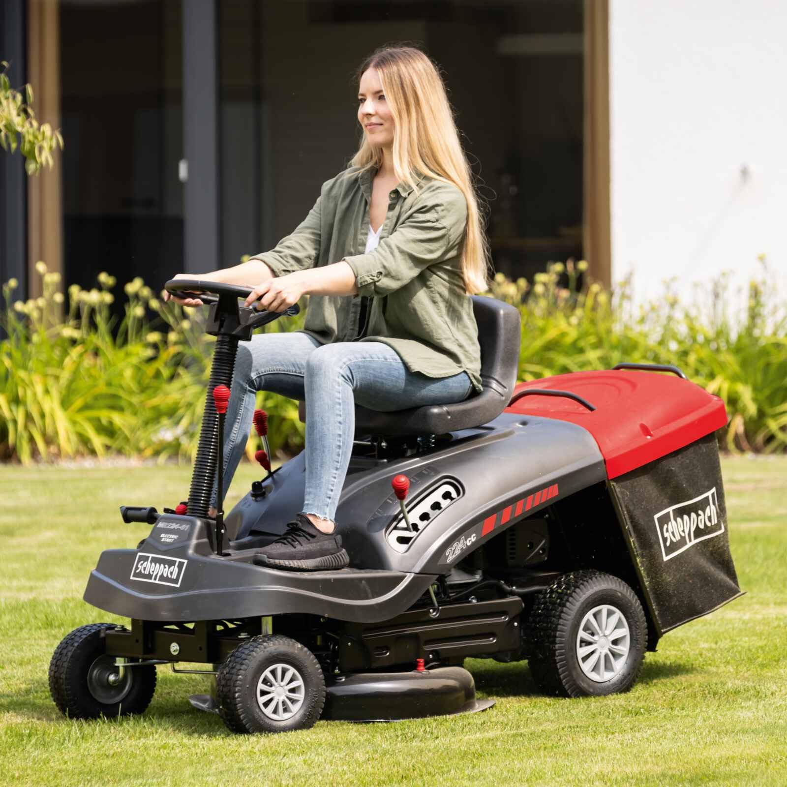 Scheppach Tondeuse Thermique MR196-61 | Autoportée & Démarrage électrique |6,5 CV| Largeur de Coupe 61cm | 5 Positions |Ramassage 150 L| 4 Marche Avant- 1 Marche arrière | Lame supp. + Huile Incluse