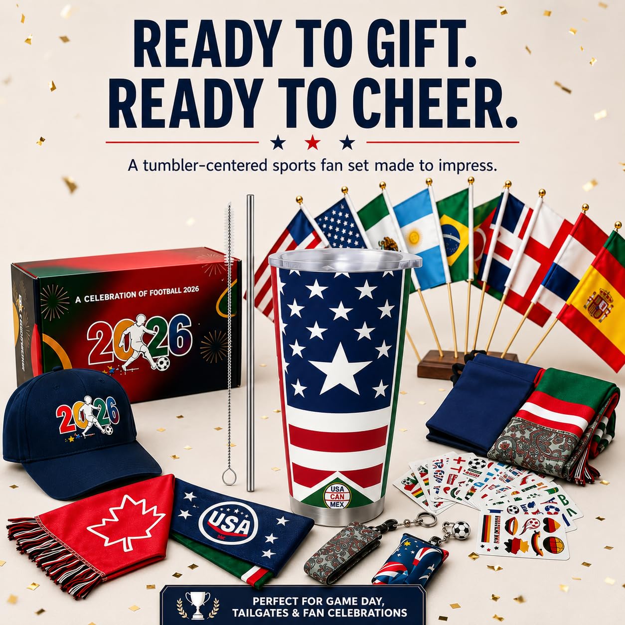 Kit per fan della Coppa del Mondo di calcio 2026, confezione da 30 pezzi, set di accessori premium con 12 bandiere nazionali, 13 adesivi a tema, berretto, bicchiere, asciugamano, portachiavi e borsa