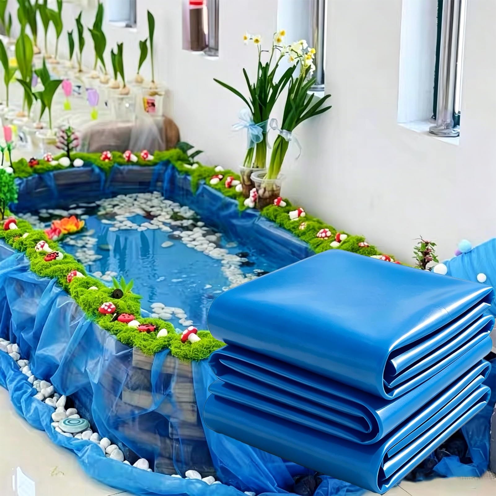 Yopappol Waterproof Blue Water Play Pond Liner, Anti-Aging HDPE Pond Underlay Skin, Flexible Damp Proof Membrane for Backyard DIY Koi Pool, Waterfalls，Lotus Ponds(3x8m(9.8x26.2ft))