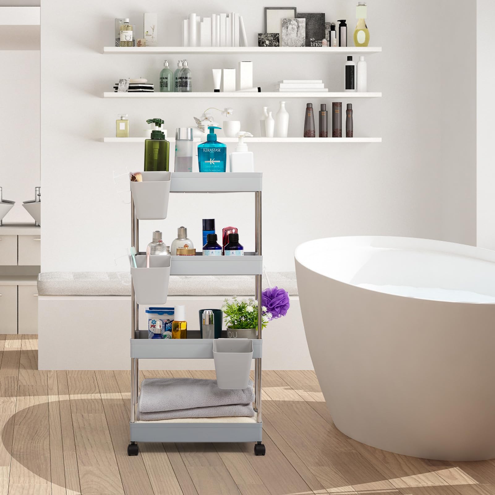 DOEWORKS Carrelli Portaoggetti con Tazze Appese Carrello Cucina a 4 Ripiani, Organizer Carrello Scaffale con Ruote per Cucina Bagno Ufficio, Grigio