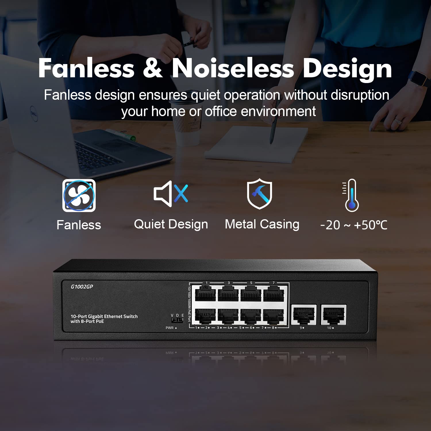 10 Port Gigabit PoE Switch, 8 Port PoE+ and 2 Uplink, 10/100/1000Mbps, IEEE802.3af/at MAX 120W, Fanless Unmanaged Plug&Play Ethernet Switch