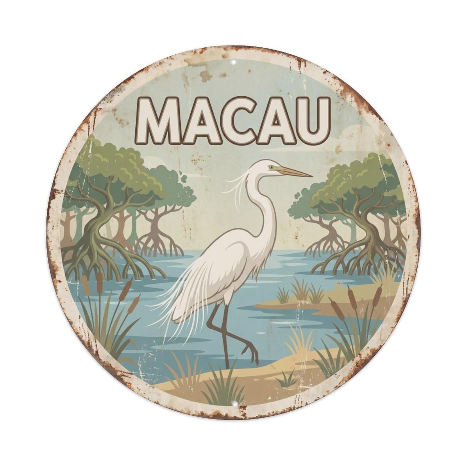 Vintage Macau Egret Wetland Mangrove Metal Tin Sign