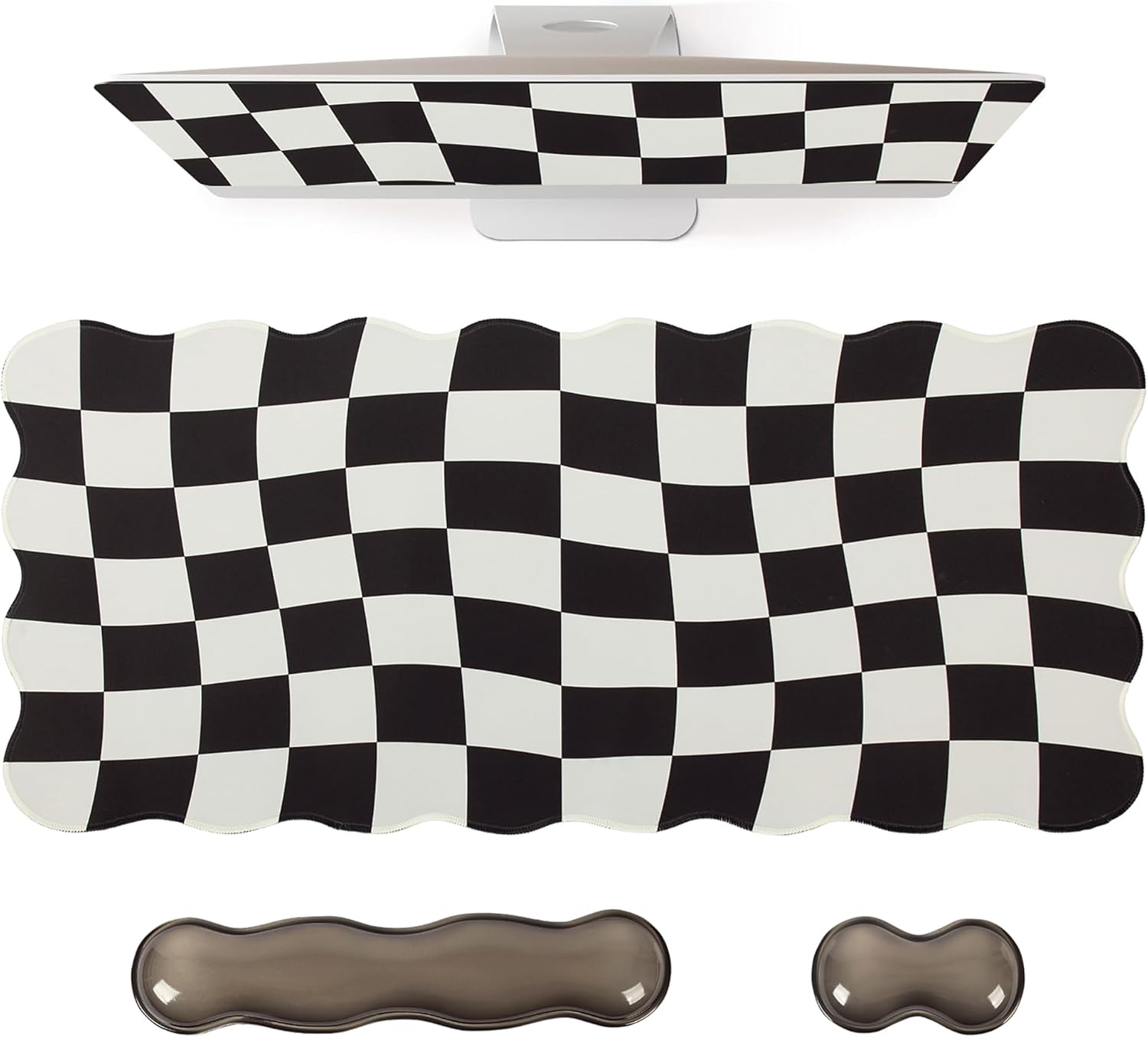 L-SPOUTTO Black Checkered Mouse Pad Set,Scalloped XXL Desk Mat + Ergonomic Mouse Wrist Rest + Gel Keyboard Wrist Rest for Keyboard 65%/75%,3in1 Large Desk Pad for Desktop Home Office Computer Game