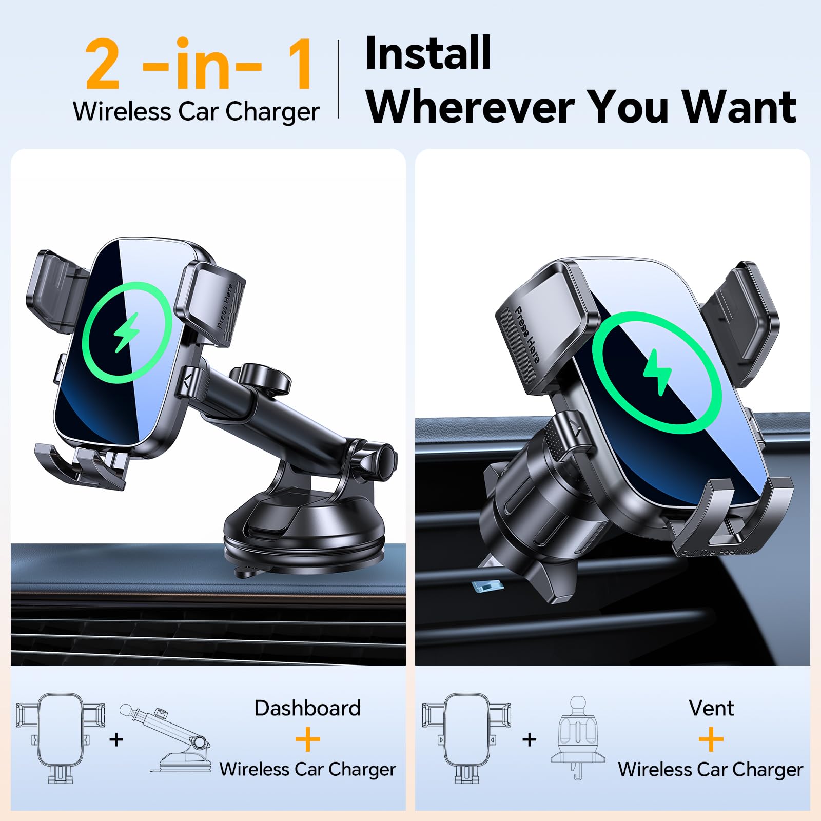 Caricatore Wireless Auto 15W Ricarica Wireless Auto Supporto Telefono Automobile Rotazione 360° per iPhone 11 12 13 14 15 16 Serie & Samsung S24 S23 S22