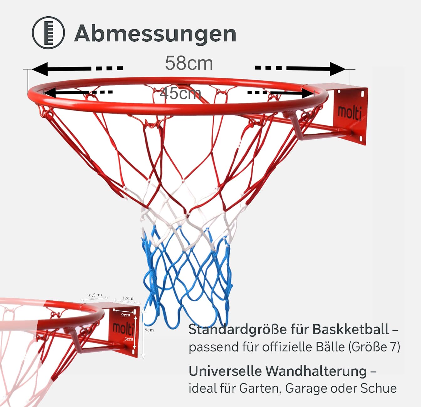 molti Panier de basket Ø 45 cm/37 cm HangRing Basketball avec filet et vis de fixation extérieur + 4 vis de fixation