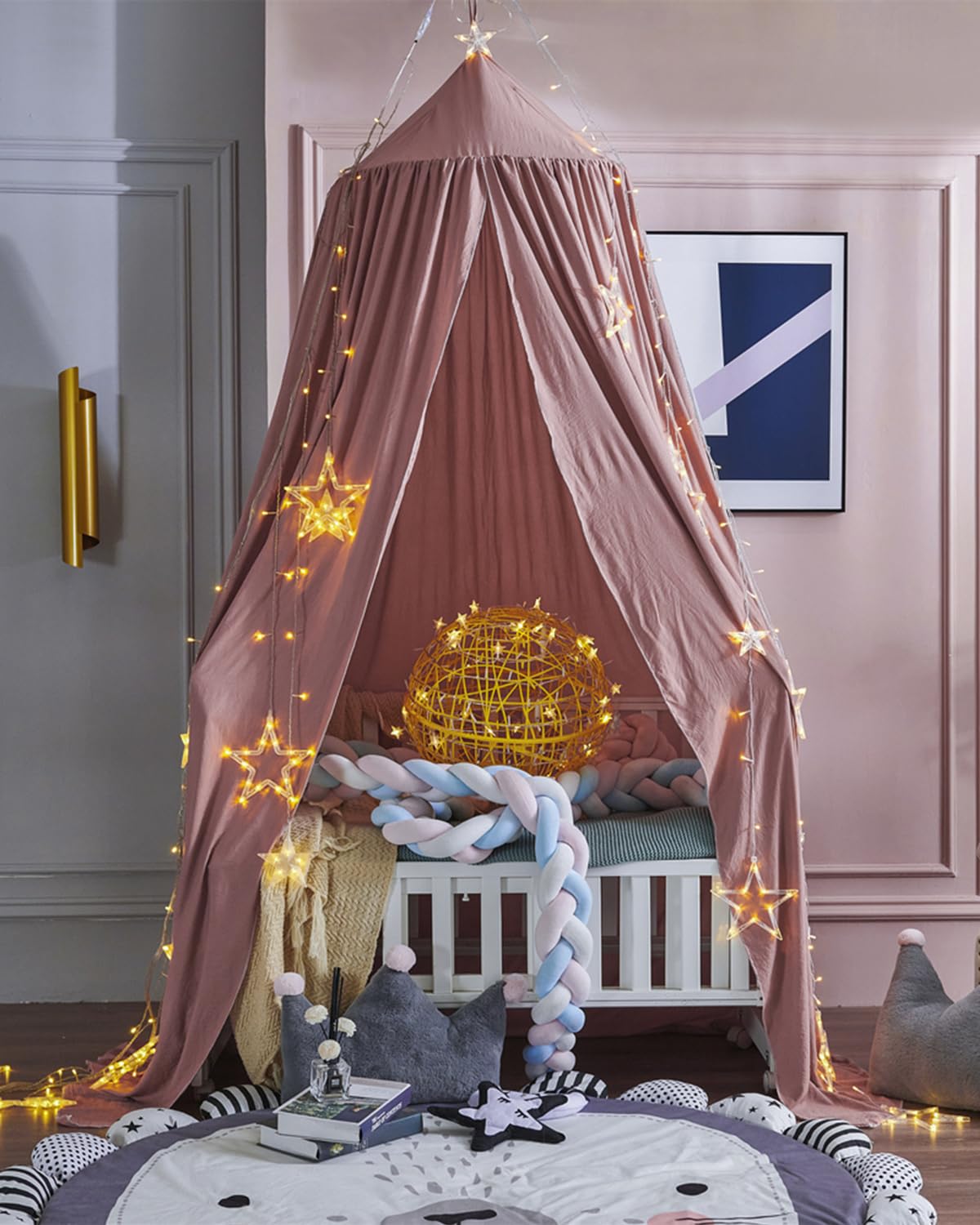Surwin Moskitonetz Betthimmel Madchen Jungen Kinder Babybett, Rund Baldachin Mückennetz Einzelbett kinderzimmer Schlafzimmer Spiel für Reise Indoor Outdoor Dekoration - Dunkelpink