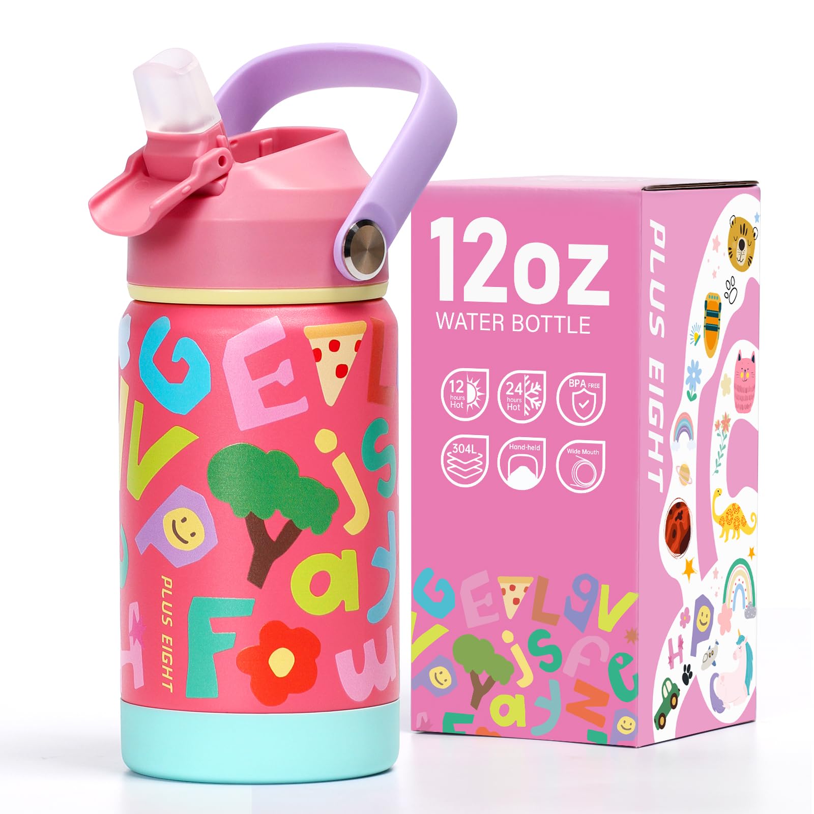 pluseight Kids Insulated Water Bottle with Straw Lid, 12 oz BPA-Free Double Wall Vacuum Tumbler 18/8 Stainless Steel Leak Proof Kids Cups with Straw for School Travel Boys Girls (Pink Letters)