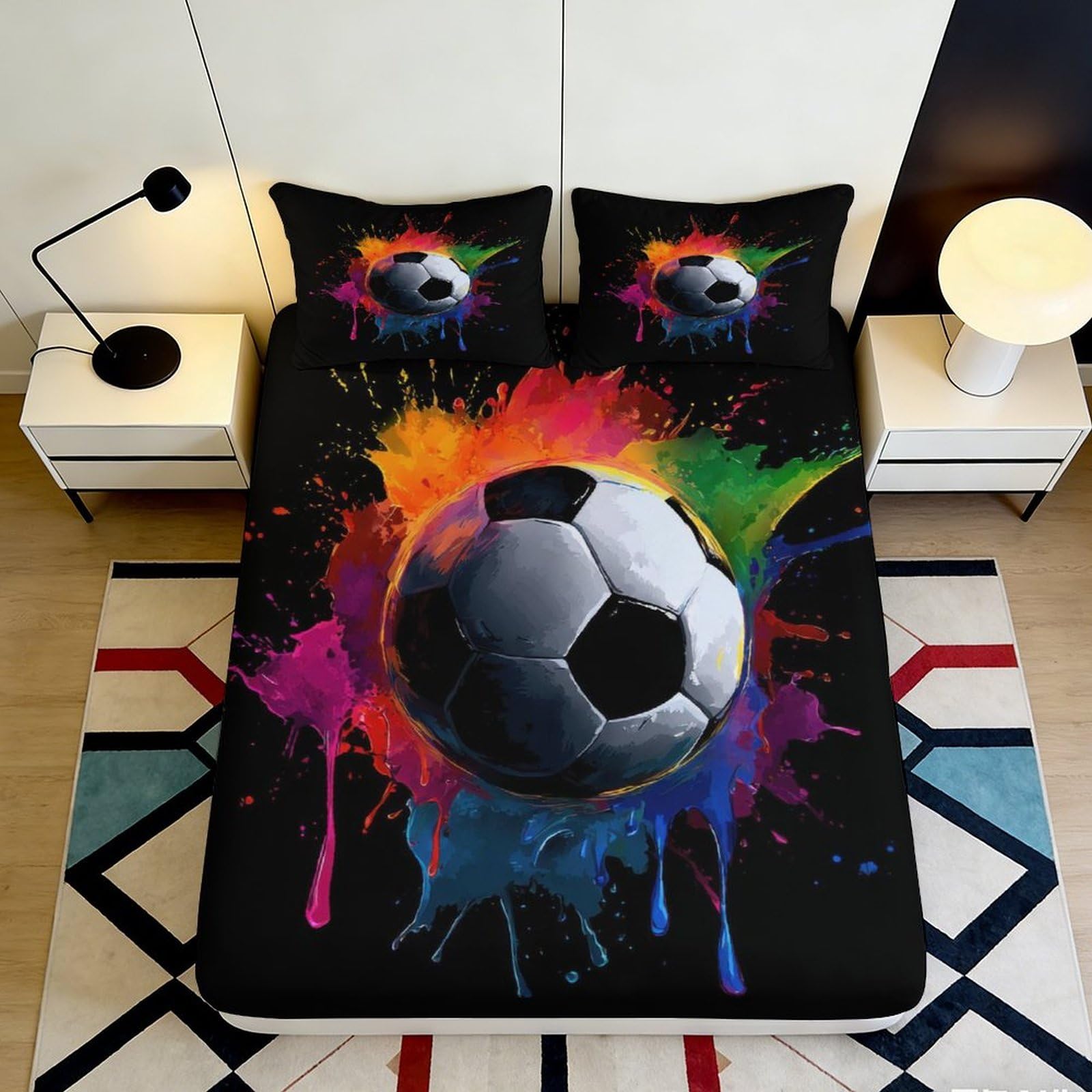 3D Printed Colorful Football Splash Fitted Sheet Microfiber Soft Breathable Soccer Ball Mattress Cover for Bedroom Dormitory Guest Room Protection Decor 90x200x25cm