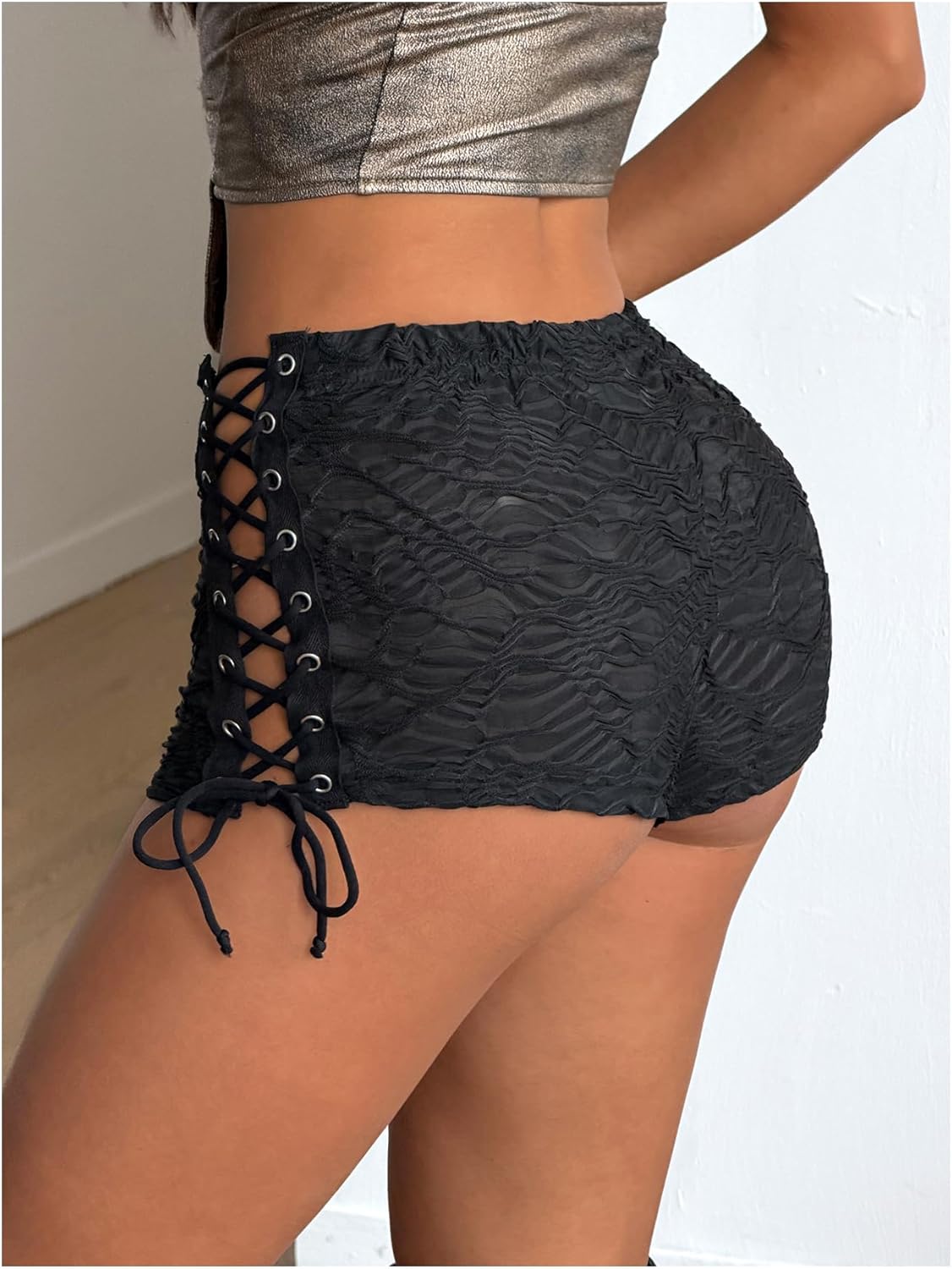 Milumia Women Lace Up Low Waisted Mini Shorts Tie Side Knot Rave Skinny Hot Shorts - Image 5