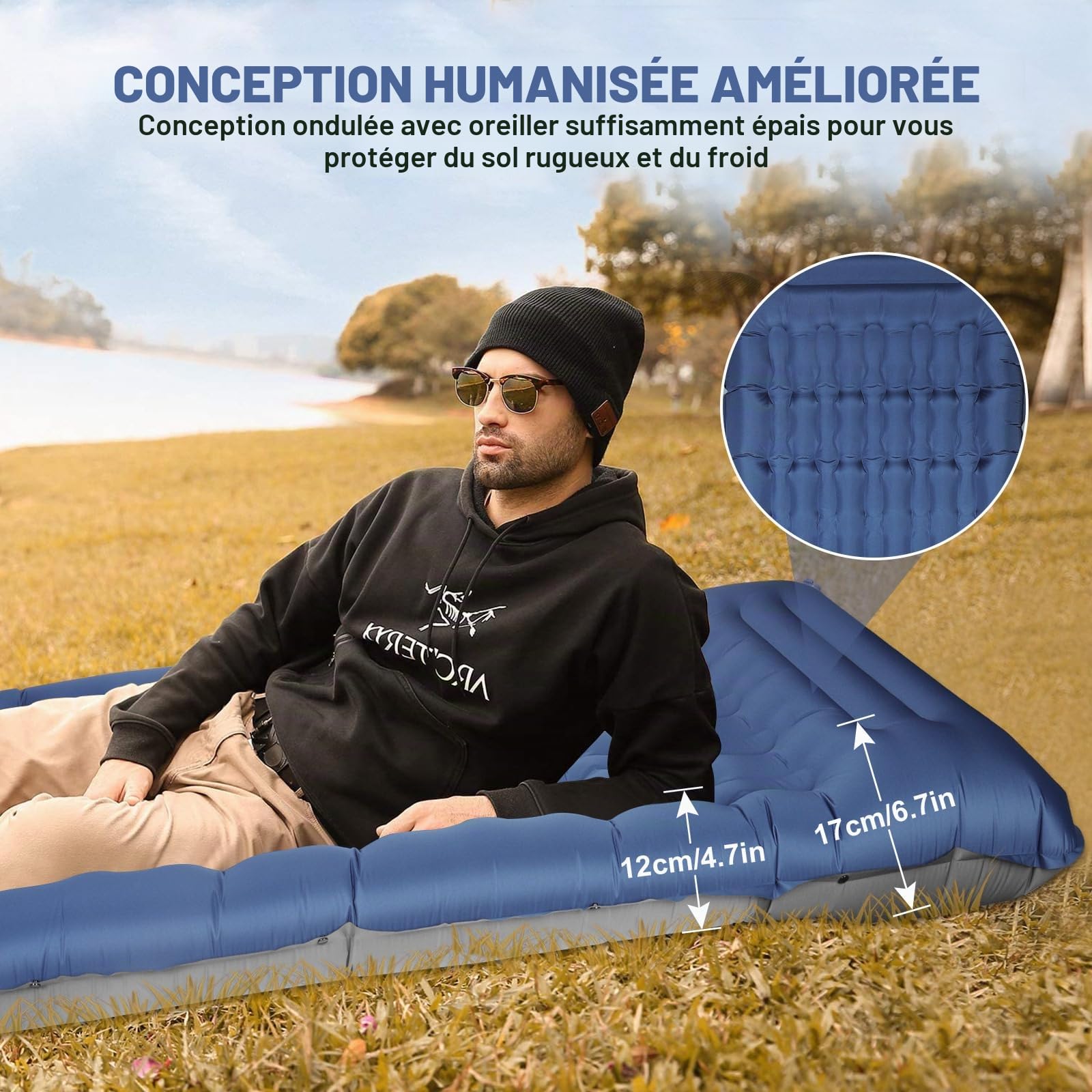 Matelas De Camping Autogonflant : Extra Épais 12 Cm Ultraléger Matelas Gonflable Le Plus Confortable Pliable Matelas De Couchage Autogonflant Avec Pompe À Pied Pour Trekking Tente (Bleu Marine)