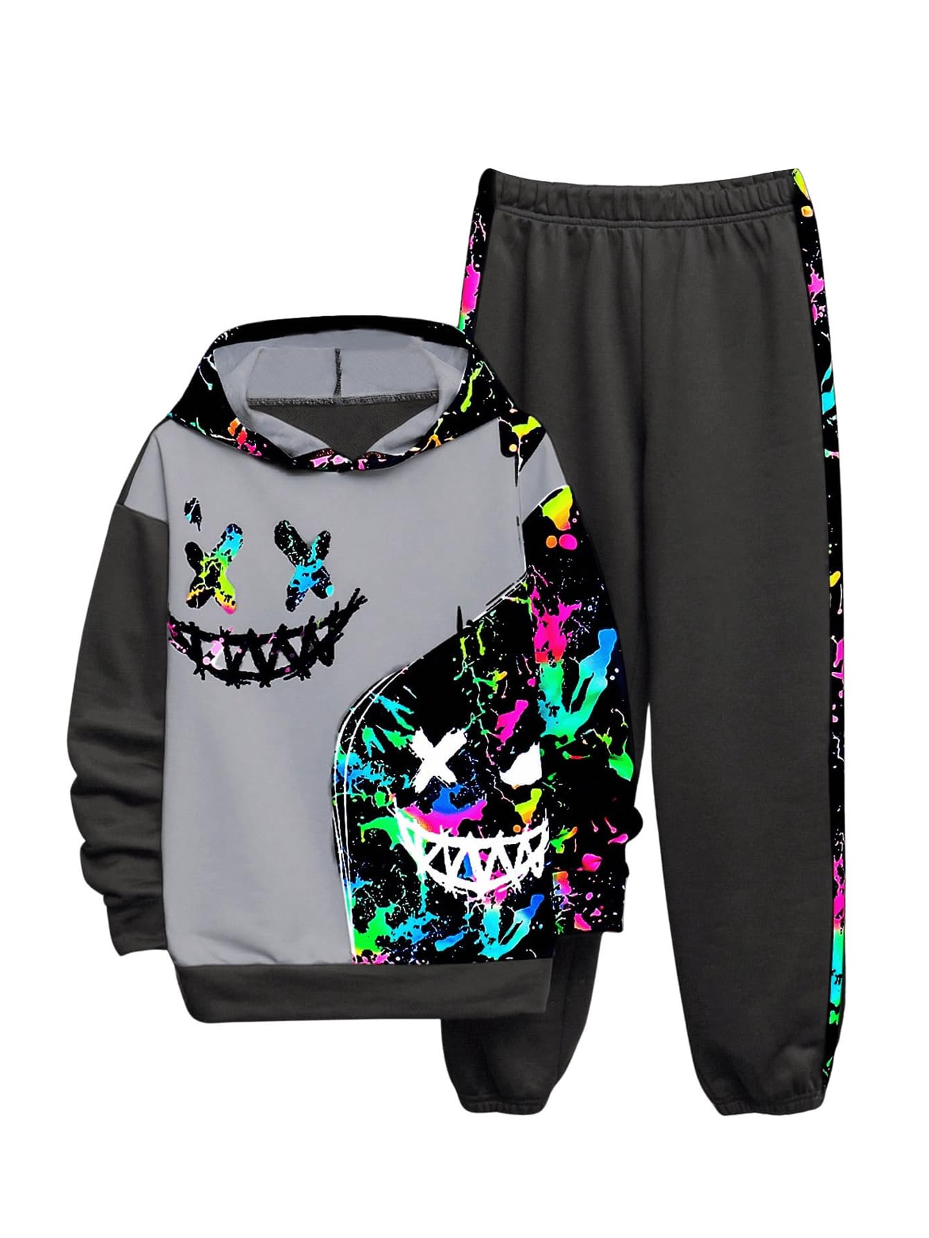 WDIRARA Boy's 2 Piece Outfits Colorful Graphic Print Long Sleeve Hoodie and Sweatpants Set Tracksuit