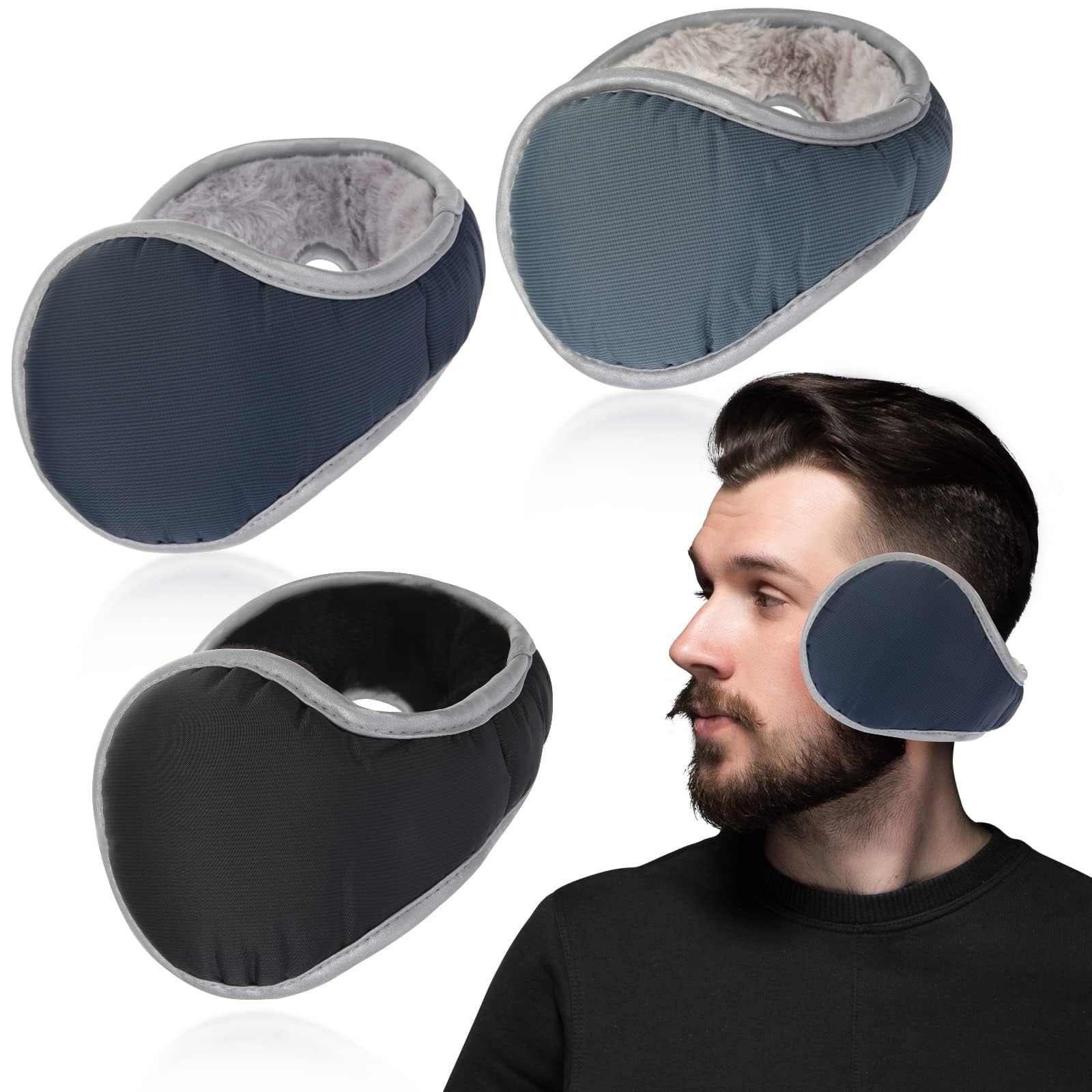 3 Pcs Unisex Fleece Earmuffs Foldable Earmuffs Winter Outdoor Ear Warmer Adjustable Ear Warm Waterproof Ear Covers for Men Women, Black, Gray, Navy Blue
