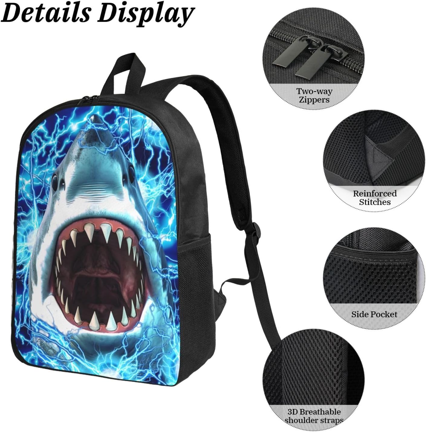 School Backpack for Boys Girls - 3pcs Shark Backpack Boys Backpacks with Lunch Box Set for Kids Children Students Teens Elementary Middle School - 17″ Shark Bookbag for Age 6-18