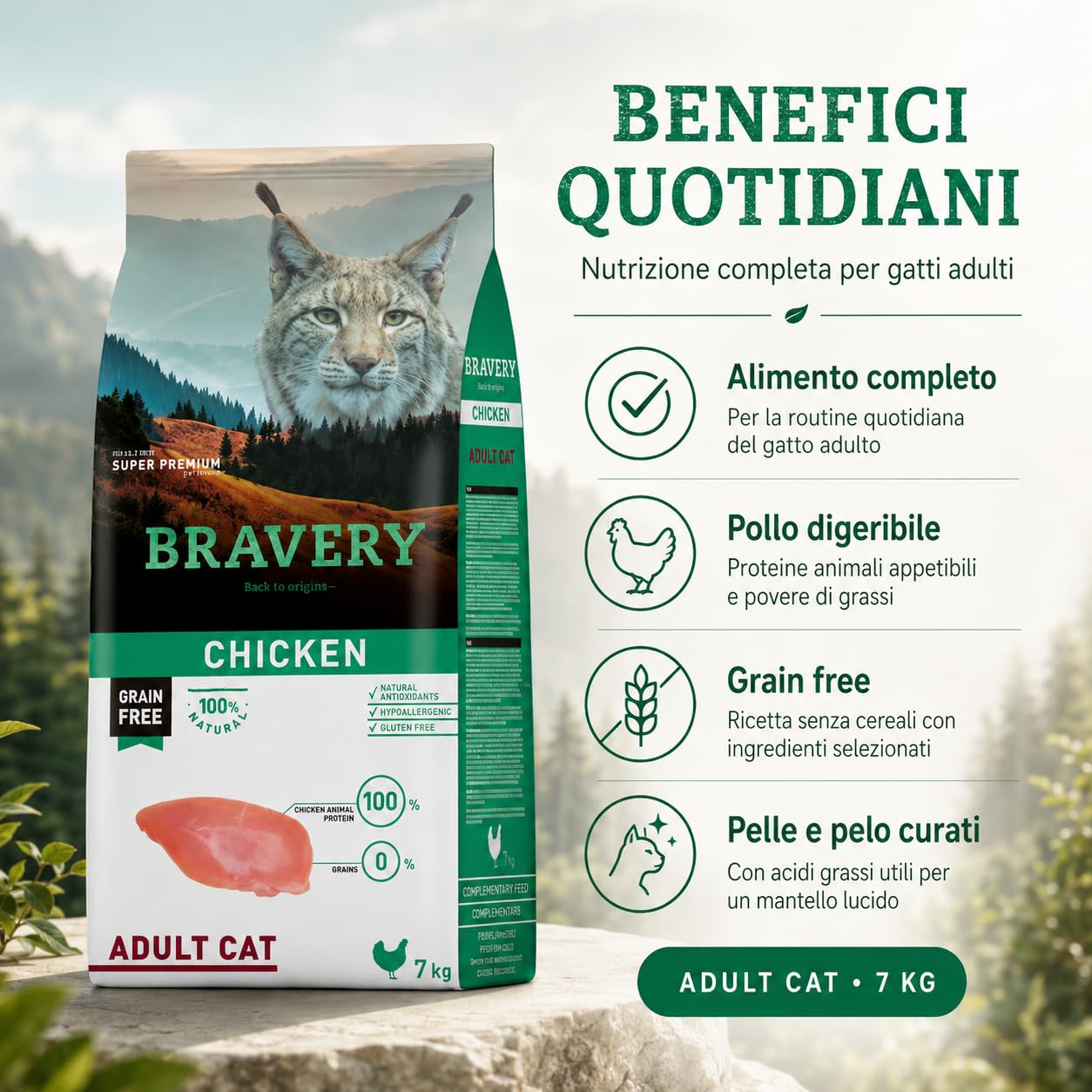 Bravery Adult Crocchette Gatto Adulto con Pollo, Mangime Secco Grain Free per Gatti Adulti, Alimento Completo Premium con Proteine Animali e Ingredienti Digeribili, 7 kg