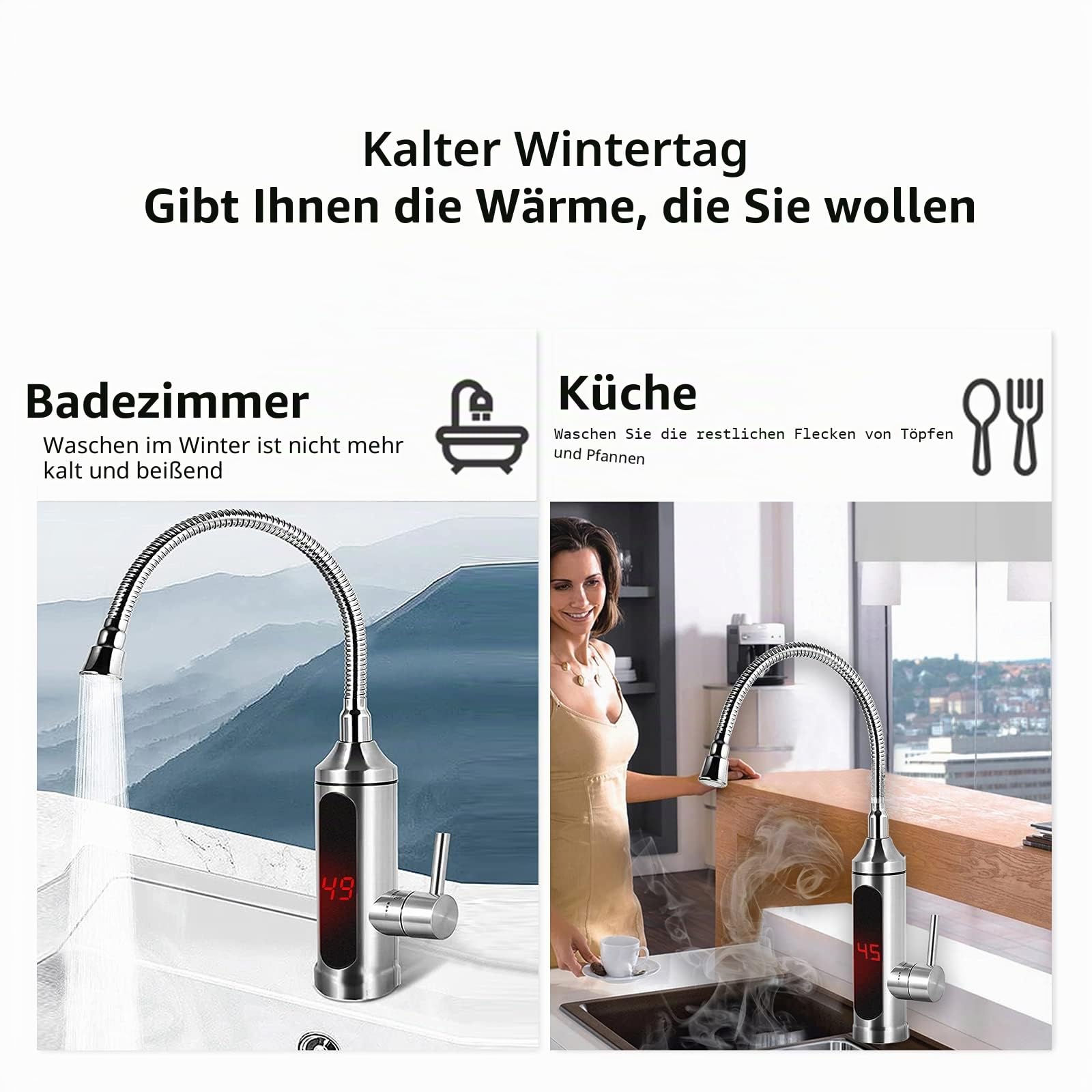 Elektrische Wasserhahn Edelstahl Armatur 3300W Sofortiger Warm KüChenarmatur Elektrischer Heizung Wasserhähnen, Mischbatterie mit Durchlauferhitzer-360° LED Temperaturanzeige Smart Heater Armatur