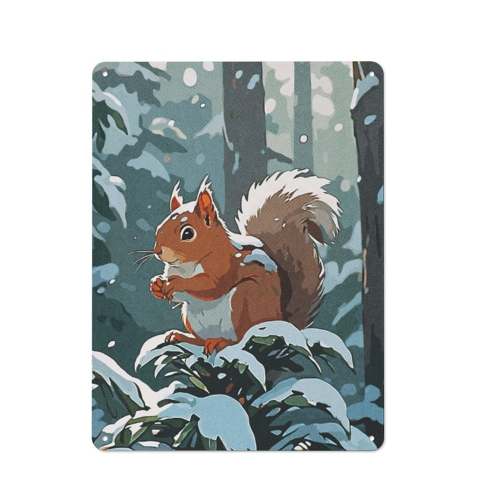 Metal Wall Sign 40x30cm Featuring Squirrel Winter for Garage Or Workshop, Suited to DIY Enthusiasts