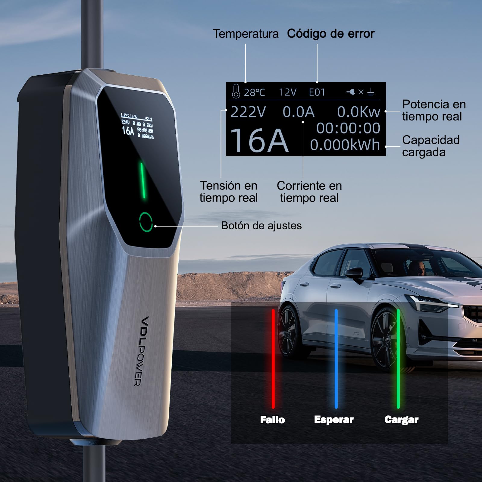 VDLPOWEREU Cargador de Coche Eléctrico 11kW Trifásico Tipo 2 CEE Socket (5 Pin) EV Cargador Wallbox Estación de Carga Móvil Ajustable 6-16A 5 Meter, Cable de Carga Compatible con EV PHEV