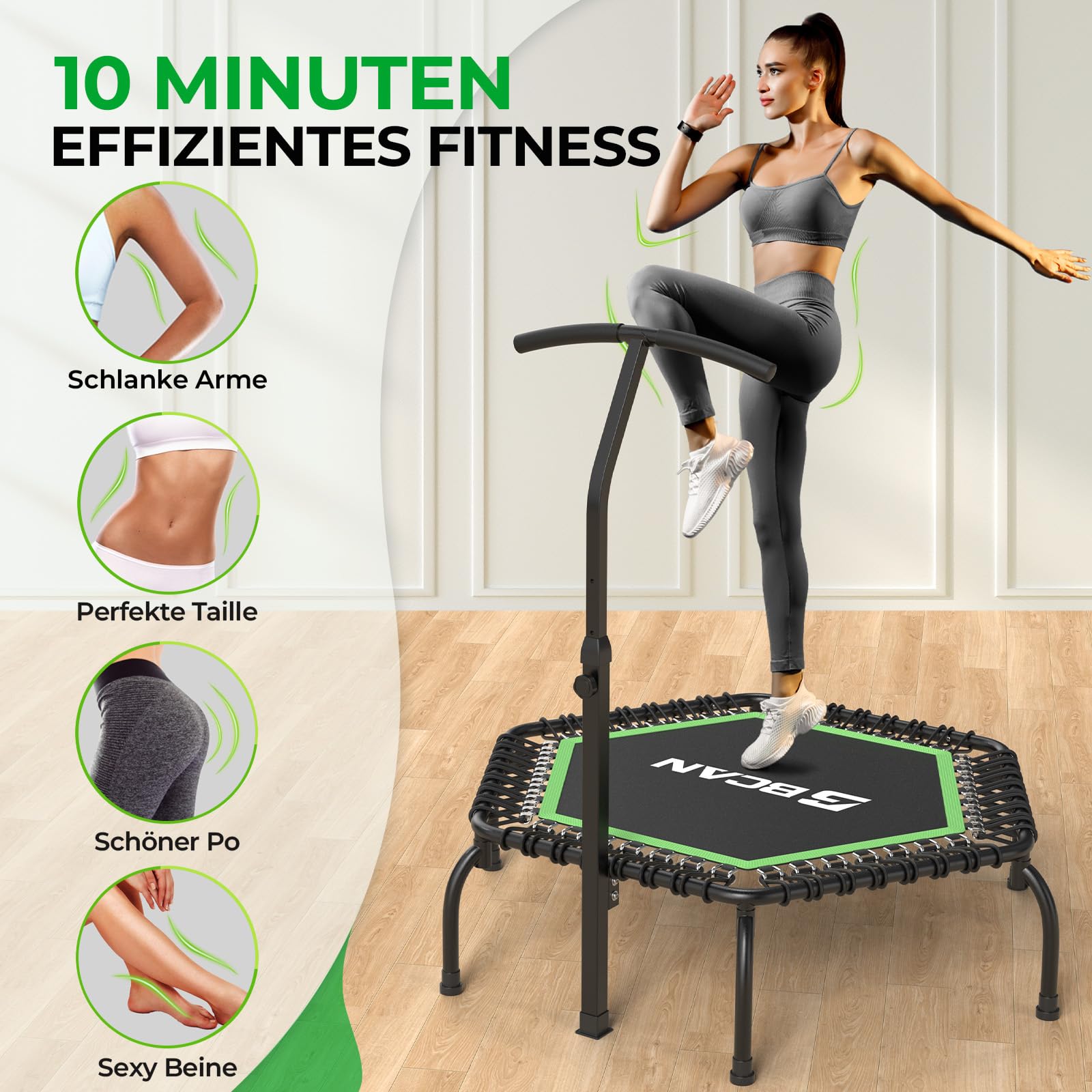 BCAN Fitness Trampolin Indoor Ø 122/130 cm, Trampolin Erwachsene bis 250 kg, Bodentrampolin mit verstellbarem T-Griff & 42 Gummiseilen, Leise & vibrationsarm