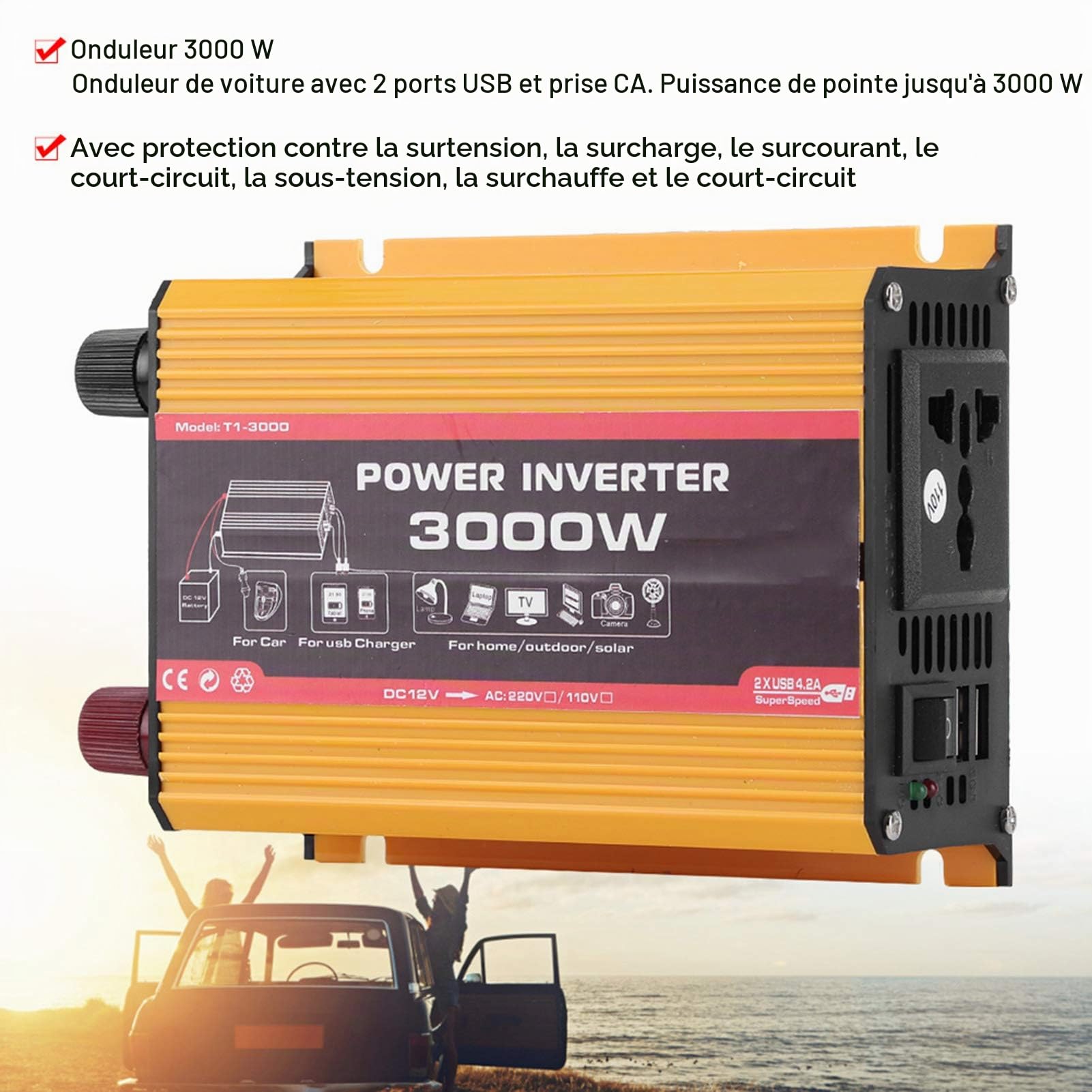 KIMISS Voiture onduleur 3000W Double convertisseur de Puissance Automatique USB transformateur à Onde sinusoïdale modifiée(AC 220V)