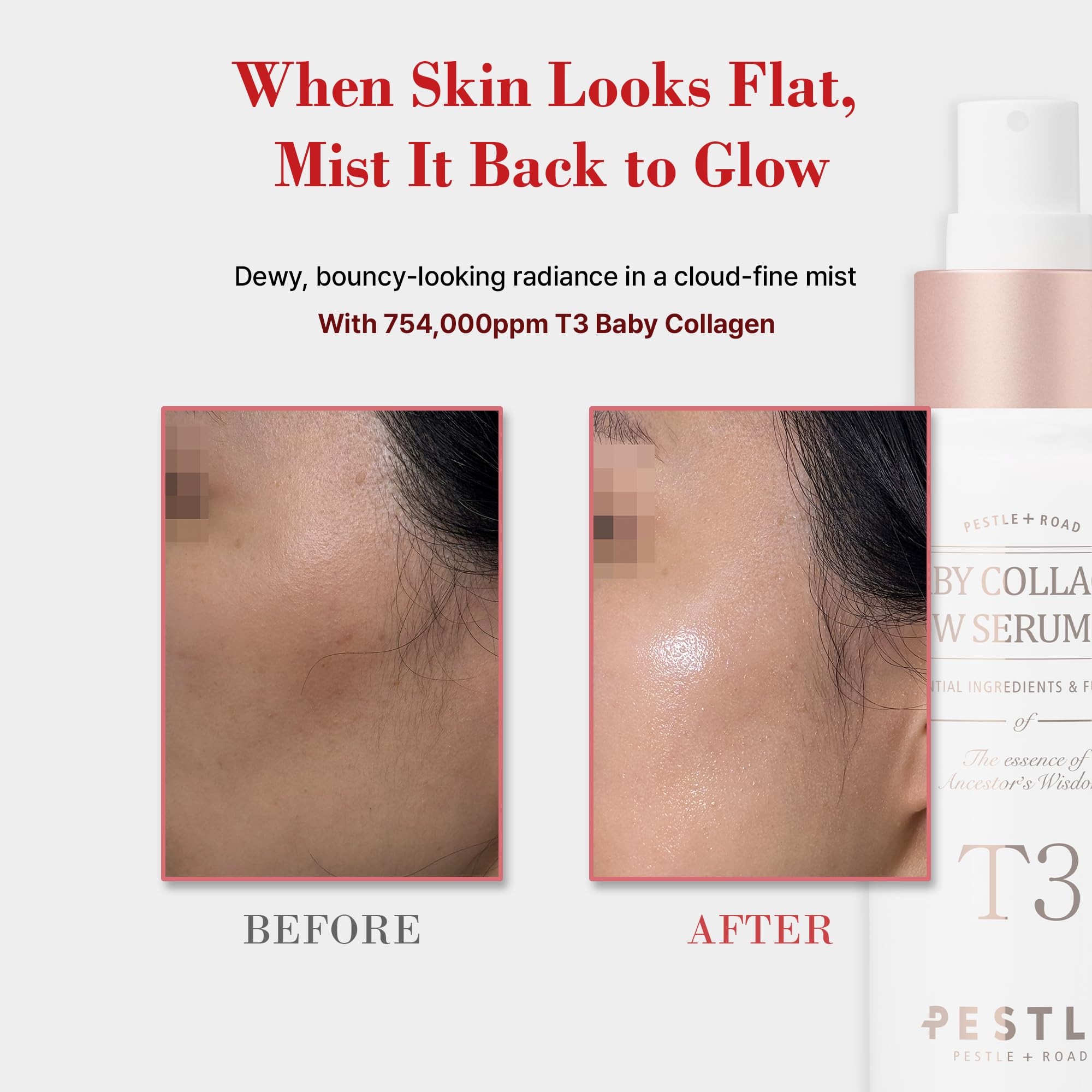 PESTLO T3 Baby Collagen Glow Serum Mist per tutti i tipi di pelle con collagene vegano e ingredienti che migliorano l'elasticità e la lucentezza, 50 ml (1,69 Fl Oz)