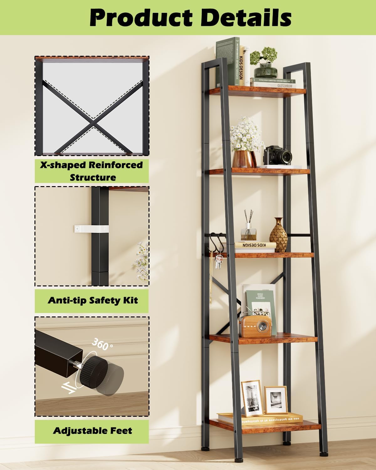 Furologee 5 Tier Ladder Shelf Bookcase, Tall Narrow Bookshelf with 2 Hooks, Rustic Brown Bathroom Corner Book Shelf, Metal Wood Book Case Standing Unit, Display Shelf for Living Room Office Kitchen - Image 7