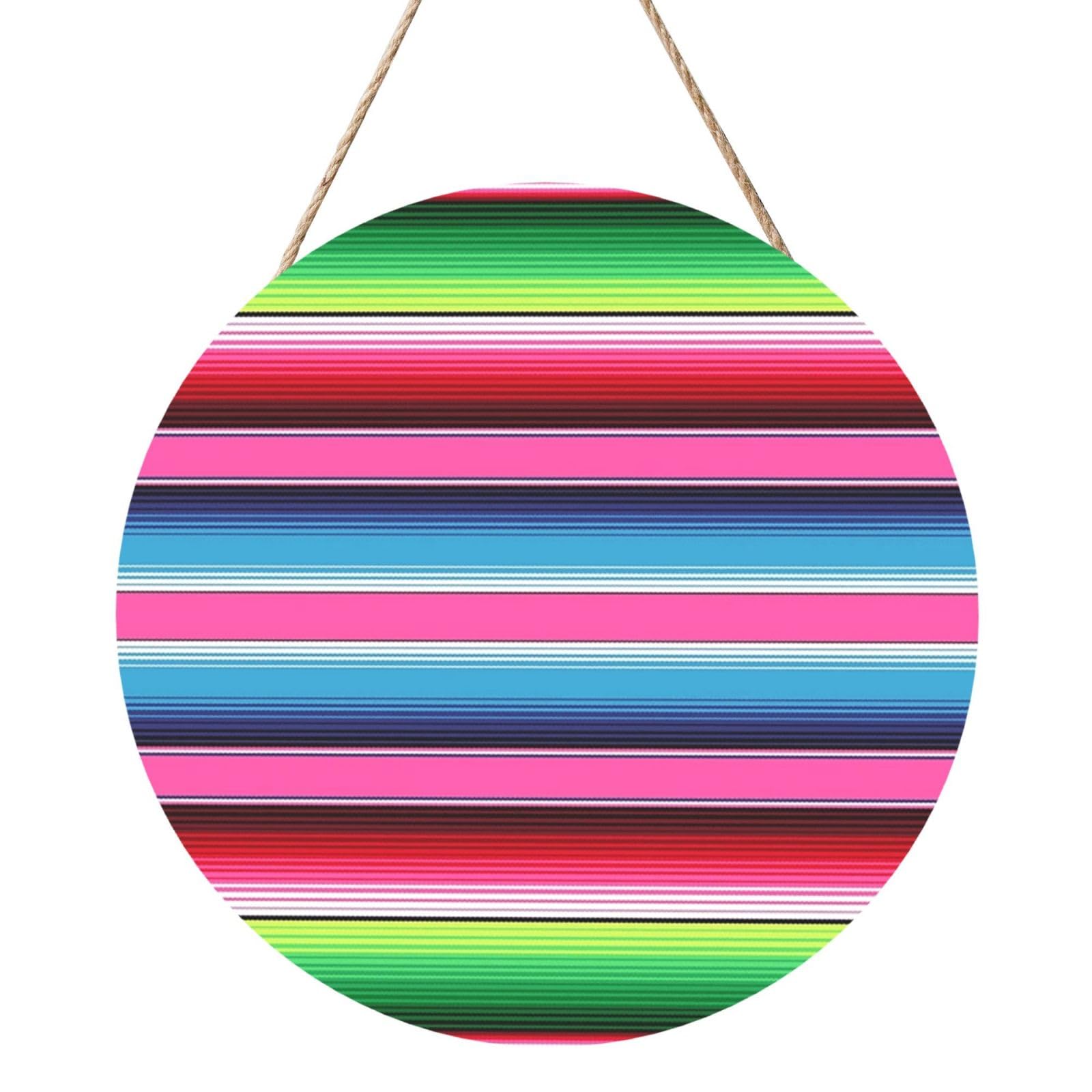 InOmak Colorful Mexican Blanket Stripes, Round Wood Panel Painting 12 in, Wall Hanging Painting For Home