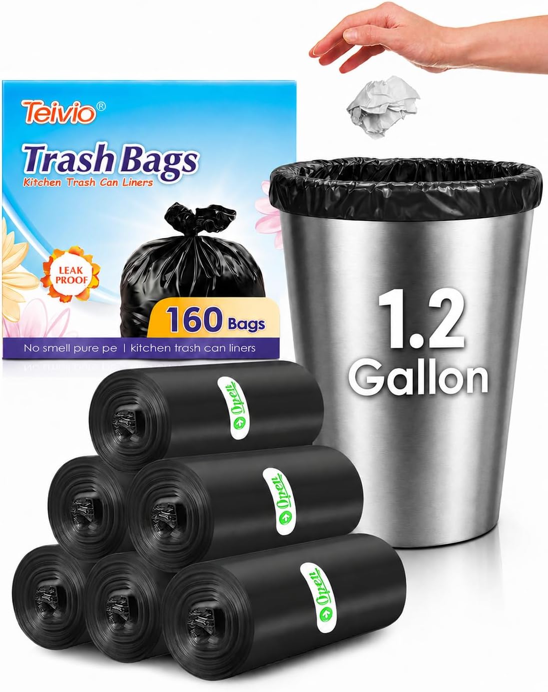 Teivio Small Trash Bags 1.2 Gallon 160 Counts Garbage Bags, Bathroom Trash Can Bin Liners, Small Plastic Bags for home office kitchen, fit 5-6 Liter, 0.8-1.6 and 1-1.5 Gal, Black