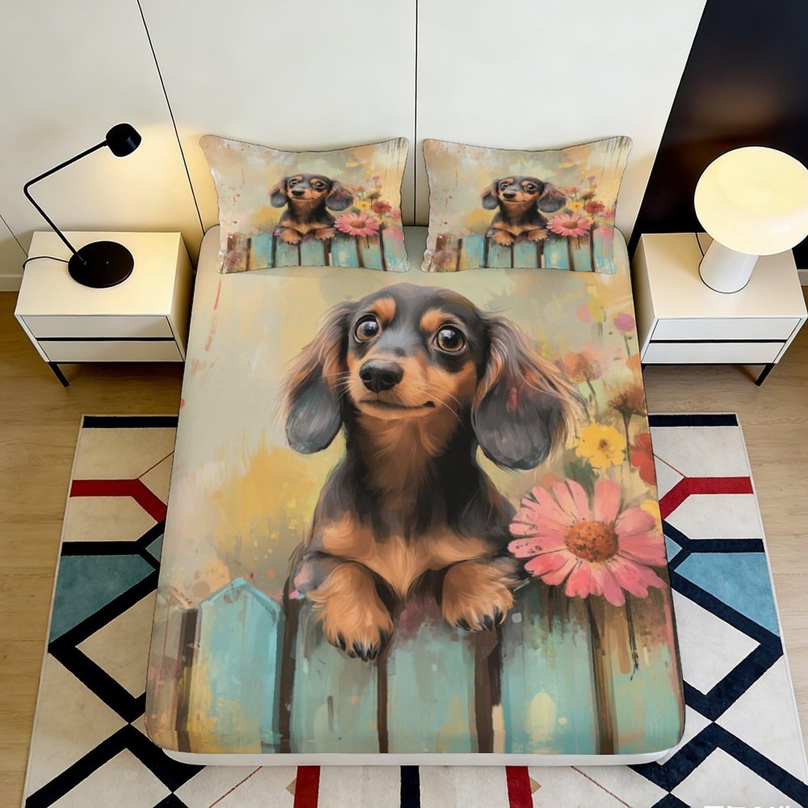3D Printed Cute Dachshund Fitted Sheet Microfiber Soft Breathable Floral Bed Cover for Bedroom Dormitory Guest Room Mattress Protection Decor 120x200x25cm