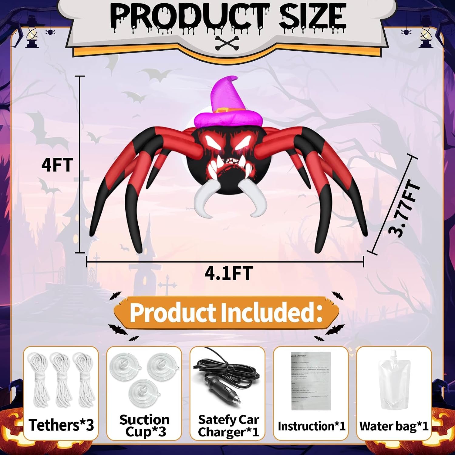 4ft Halloween Inflatable Outdoor Decorations Scray Trunk or Treat Car Decorations Inflatable Halloween Blow Ups Spider with Build-in LEDs for Yard Decoration Outdoor Garden Lawn Decor