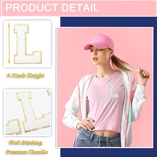 Miniatura 3 de 3 parches de letras de felpilla blancas con brillantina para ropa, tamaño grande de 4-12", parches de letras termo-adhesivas con brillantina para