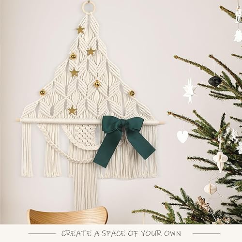 Miniatura 4 de Árbol de Navidad de macramé, tapiz bohemio para colgar en la pared, adorno de Navidad para dormitorio, sala de estar, apartamento, dormitorio,