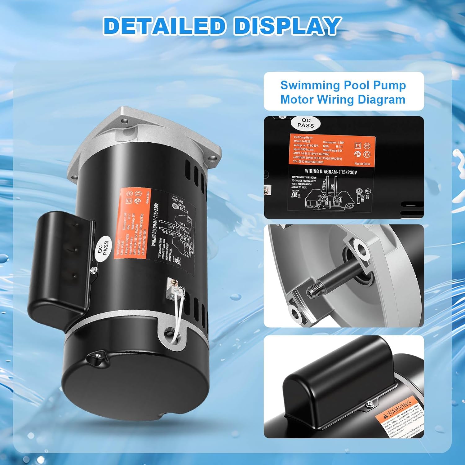 GCCSJ B2854 1 1/2HP Pool Pump Motor, 56Y Frame Swimming Pool Pump Motor, 115/230V, 3450 RPM, 303 Stainless Steel Shaft, Replacement Motor for Outdoor/Indoor Swimming Pool