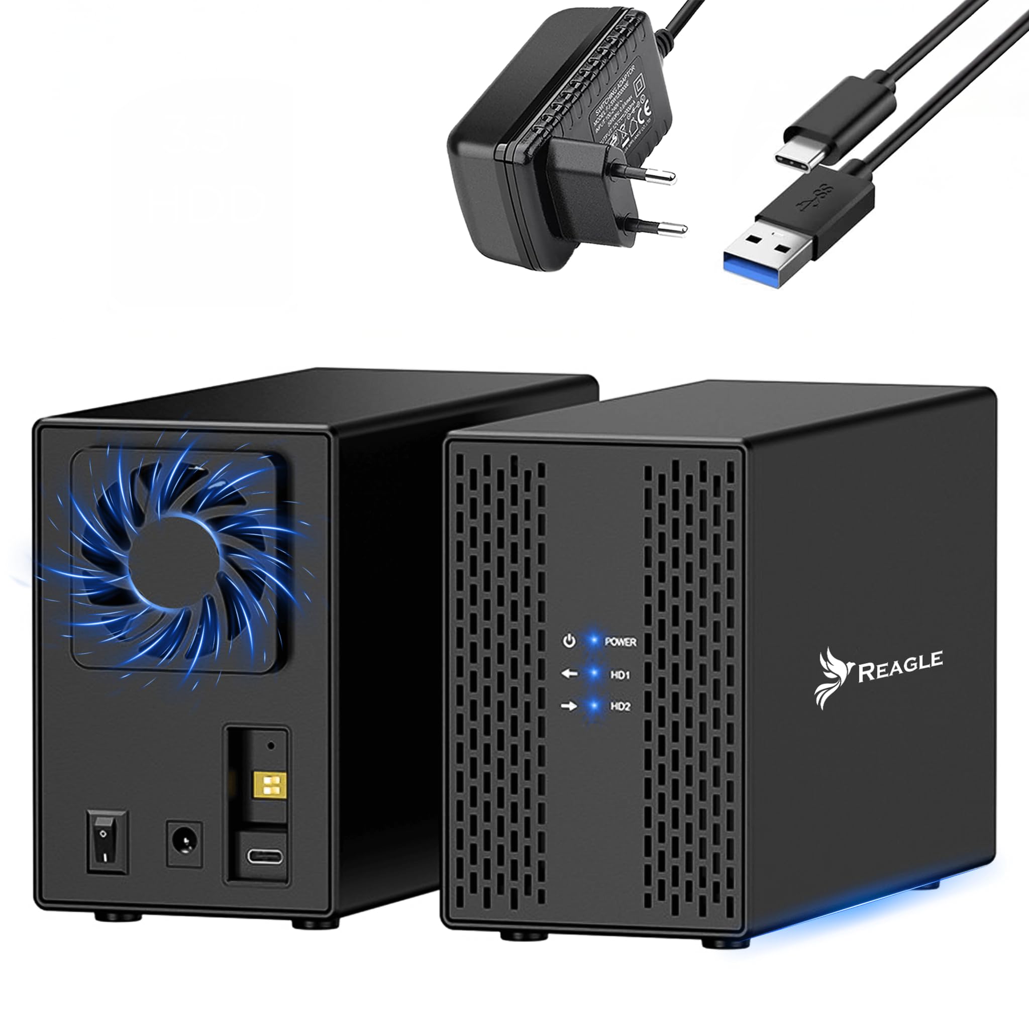 REAGLE Obudowa dysku twardego RAID JBOD PM 2,5 cala 2 x 3,5 cala, SATA III USB 3.2 obudowa HDD SSD III, 40 TB, UASP i Trim obsługa, zasilacz 12 V/3 A 36 W, obudowa dysku twardego