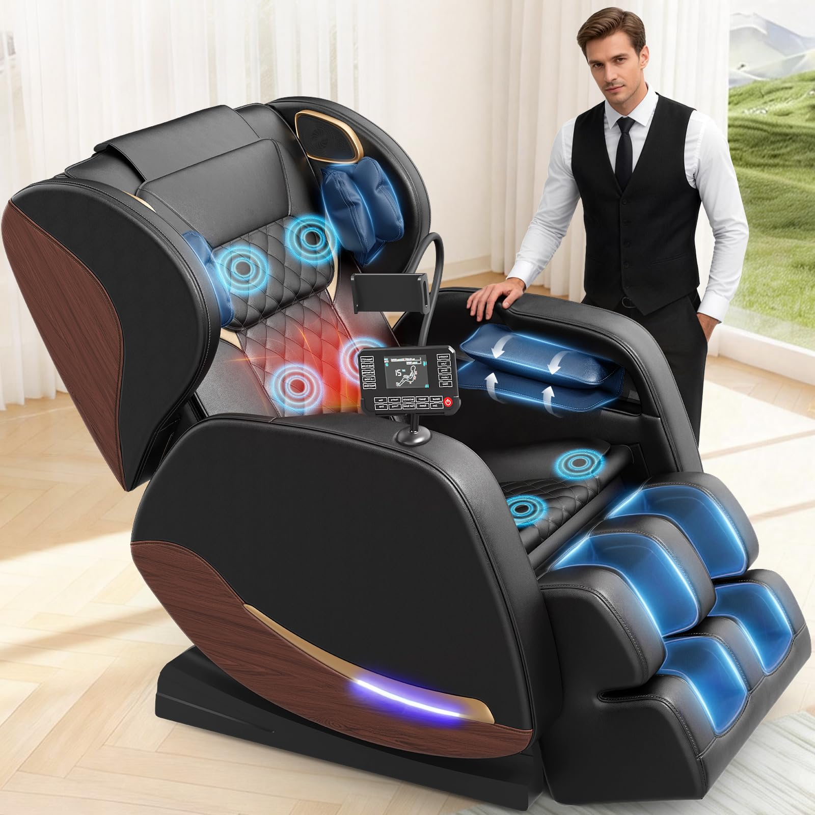 yewglen Ganzkörper Massagesessel mit Wärmefunktion,14 Ganzkörper-Massagerollen,8 Airbags,Schwerelosigkeit,Bluetooth-Lautsprecher,12 cm verstellbare Fußstütze,Touchscreen-Controller