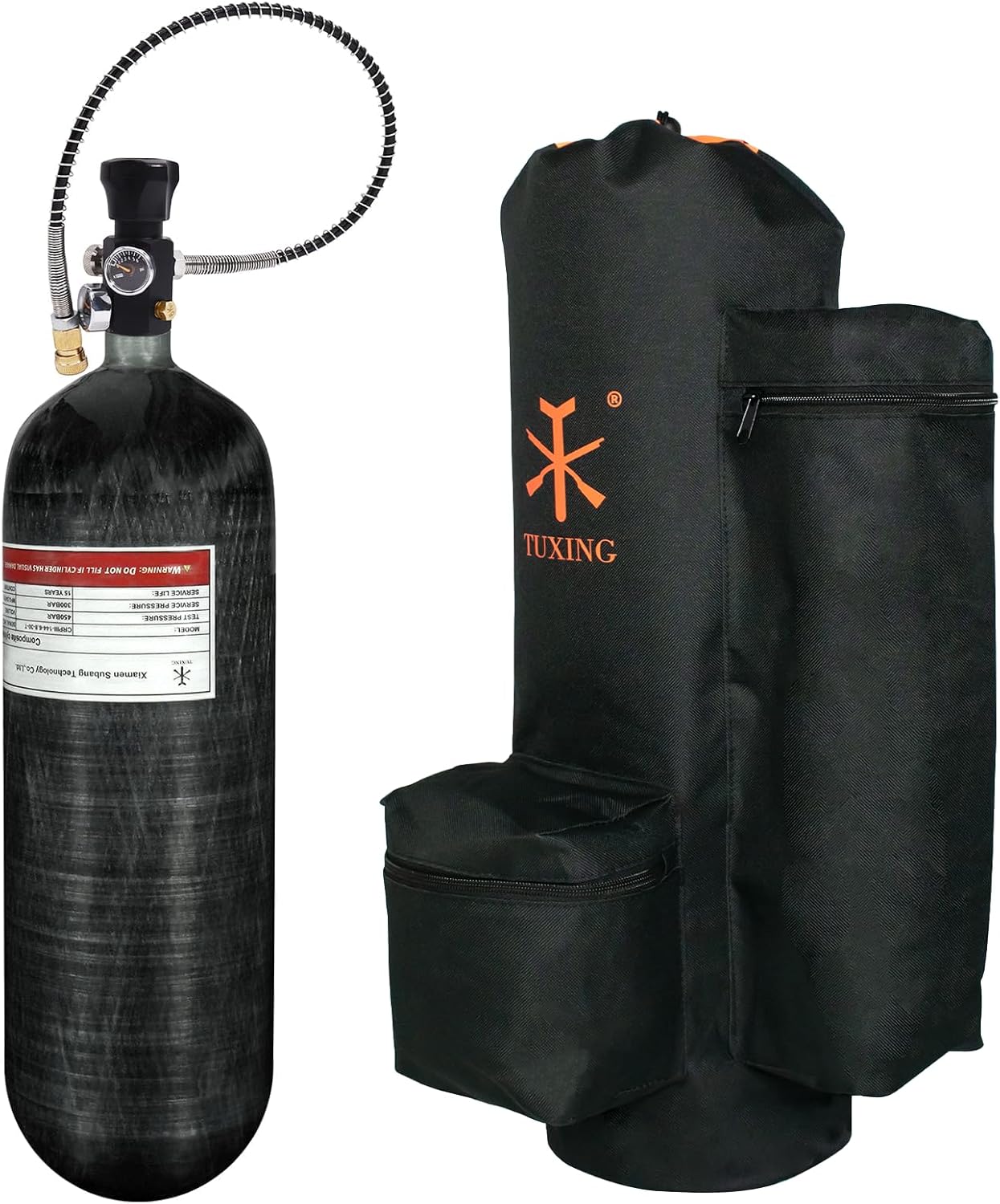 TUXING 4500psi 6.8L/414ci Carbon Fiber Air Tank & Paintball Fill Station with Carrier Bag, Dual Gauge Valve 24-inches High Pressure Hose with Double Quick Diconnect