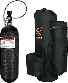 Cilindro de ar comprimido TUXING de 6,8L/414ci em fibra de carbono, pressão de 4500psi, com estação de enchimento para paintball, bolsa de transporte, válvula de manômetro duplo e engate rápido duplo.