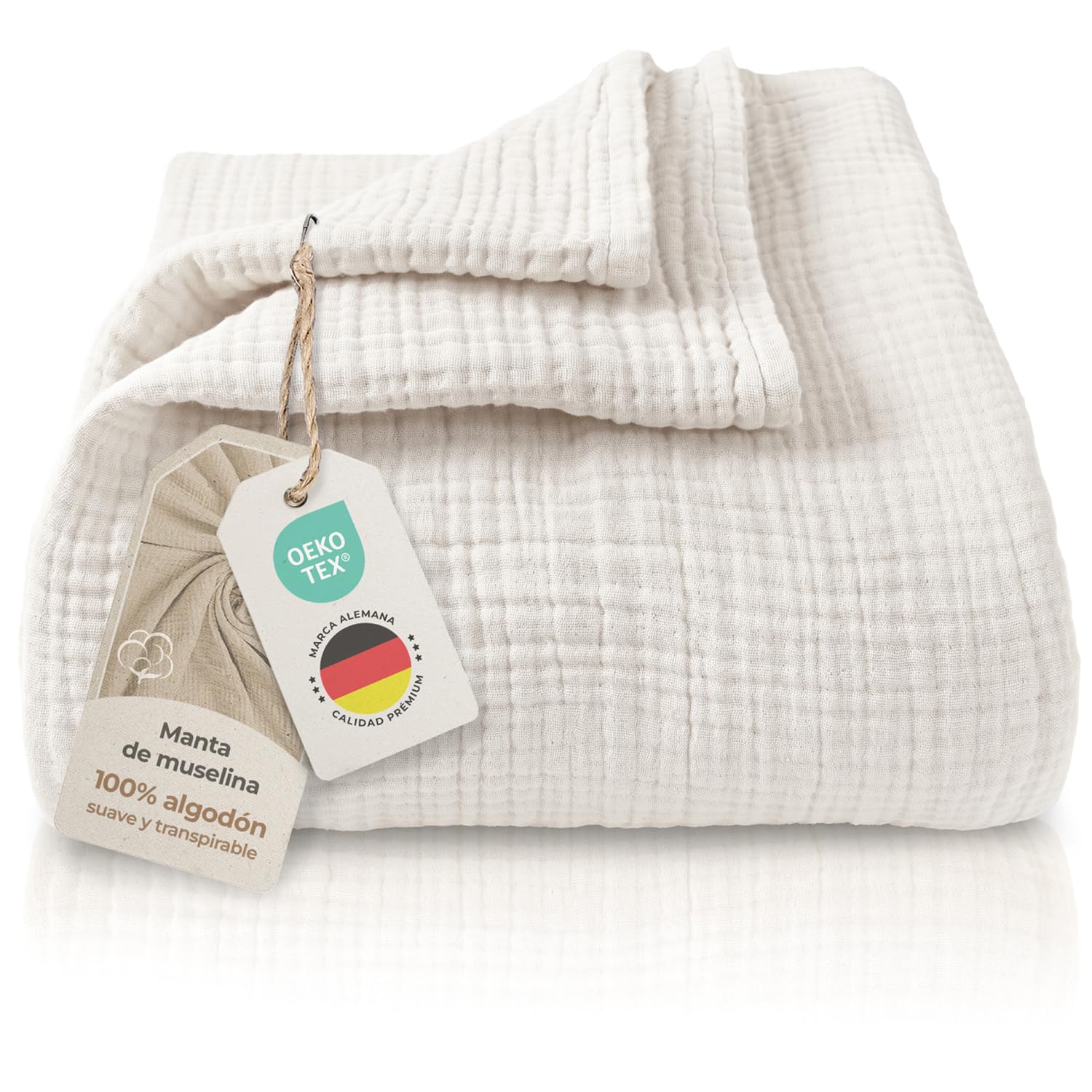 LAYNENBURG Colcha de Muselina Premium 220 x 240 cm - 100% algodón - Manta de algodón Extra Suave como Manta acogedora, Manta de Cama, Manta de sofá, Manta de sofá (Crema)