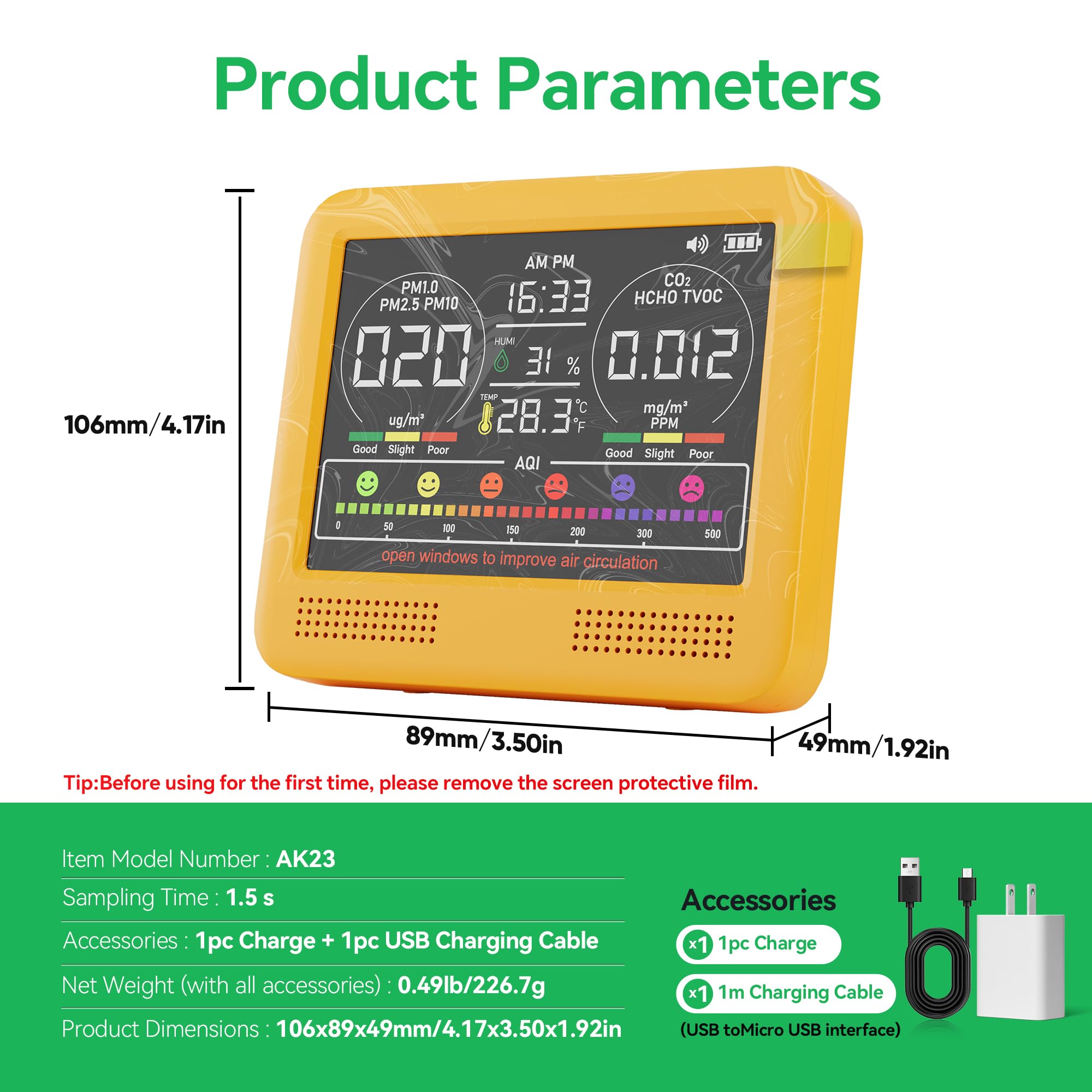 Monitor de calidad del aire interior 16 en 1 con PM1.0, PM2.5, PM10, CO2, HCHO, TVOC, temperatura, humedad, visualización de hora y 7 alarmas AQI, probador profesional de calidad del aire para