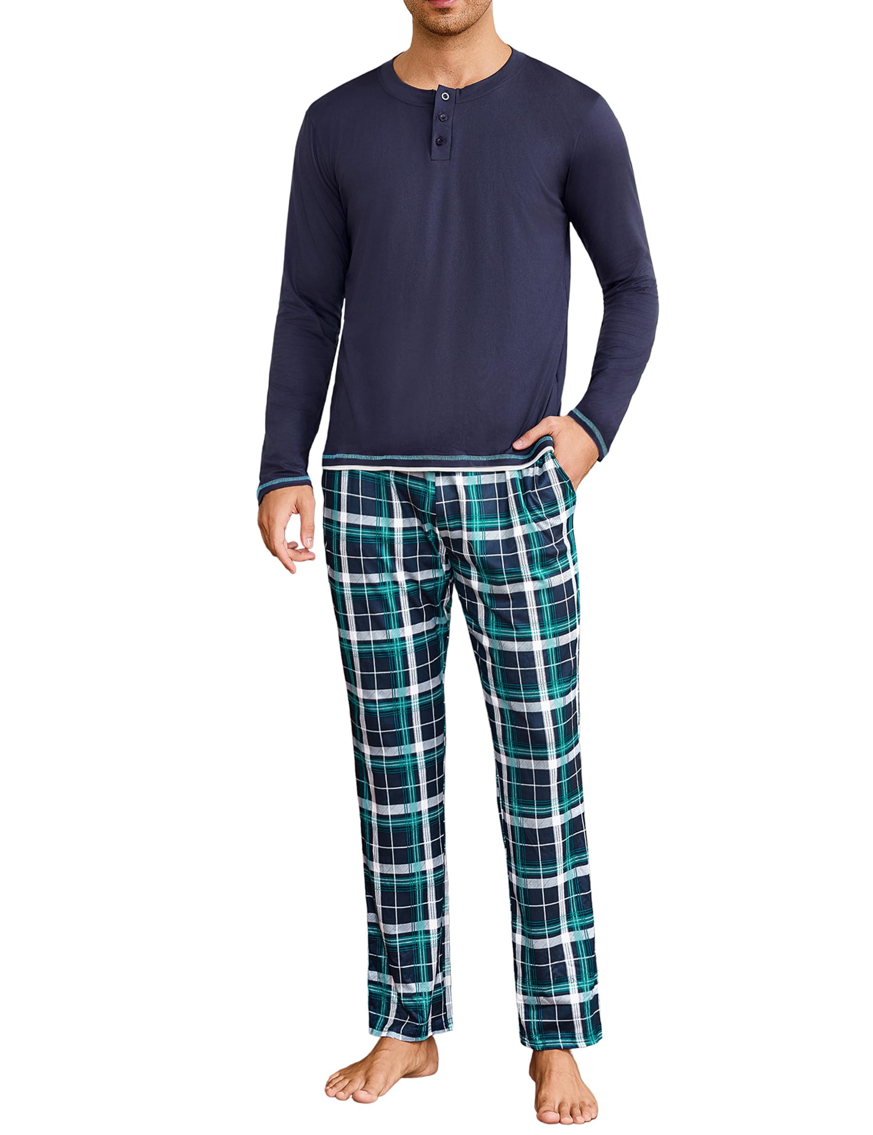 Leversic Winterpyjama voor heren, 2-delig, lange mouwen met ronde hals en geruite broek, zacht en warm, S-4XL, Marineblauw-2, M