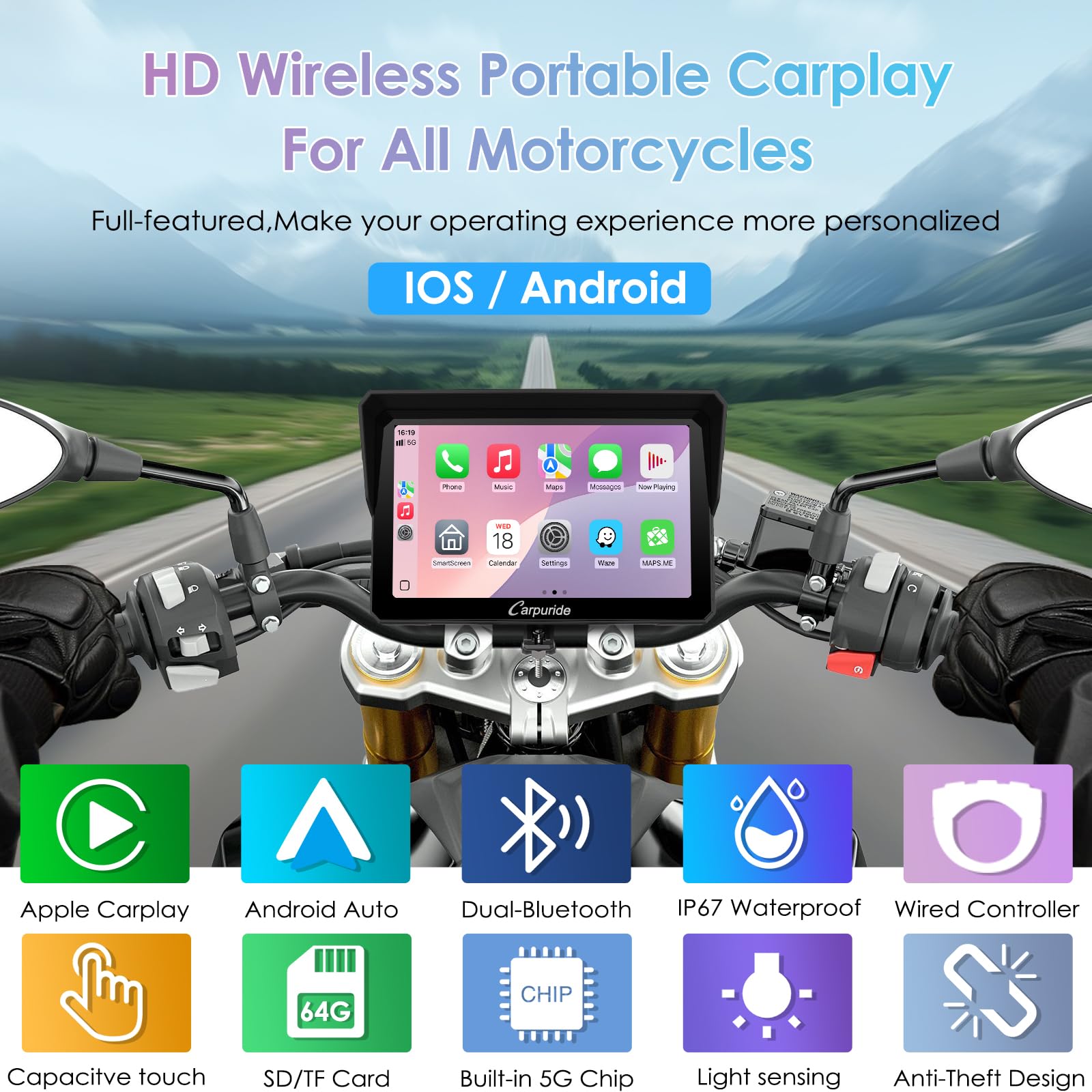 CARPURIDE W702S Moto Carplay Schermo 7" Impermeabile Touchscreen Senza Fili CarPlay Android Auto Bluetooth