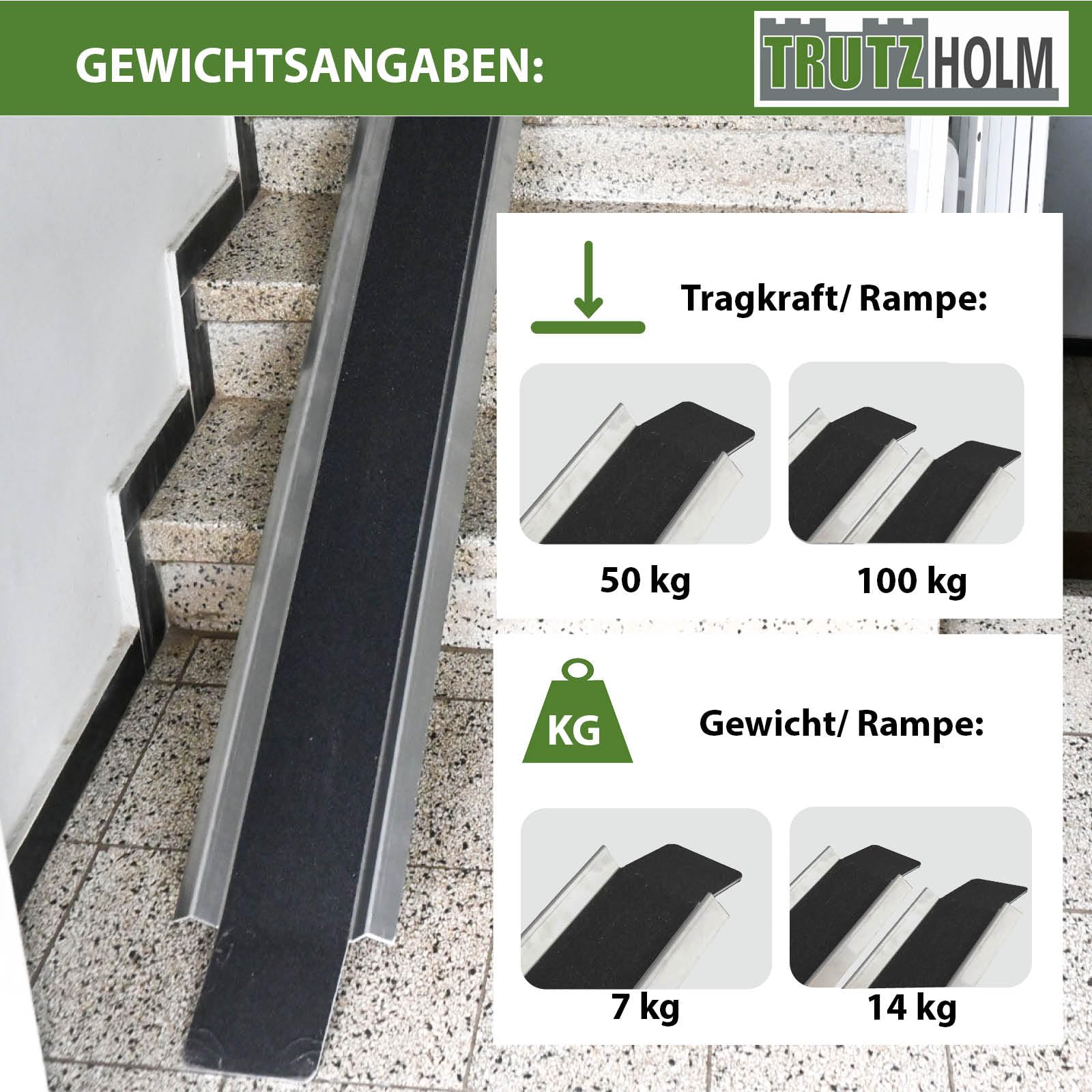 TRUTZHOLM Auffahrampe Aluminium zusammensteckbar 150-270 cm verstellbar 50 kg Treppenrampe Auffahrschiene für E-Bike Mofa Fahrrad mit Friktionsbeschichtung schwarz/grau