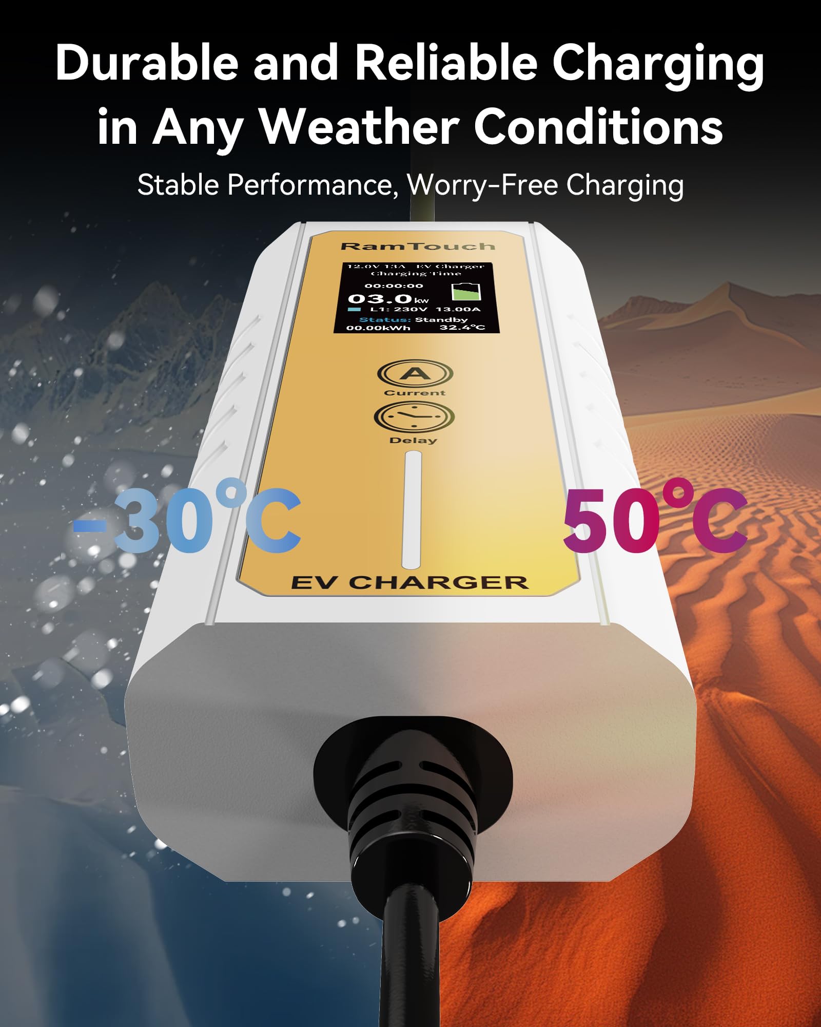 RamTouch Electric Vehicle Charger (3 kW, Type 2, UK 3-Pin Plug, 10.5 m), IP65 Portable Car Charger with Adjustable Current (6A–13A) and Delayed & Timed Charging, Compatible with EVs and Hybrids — view 7
