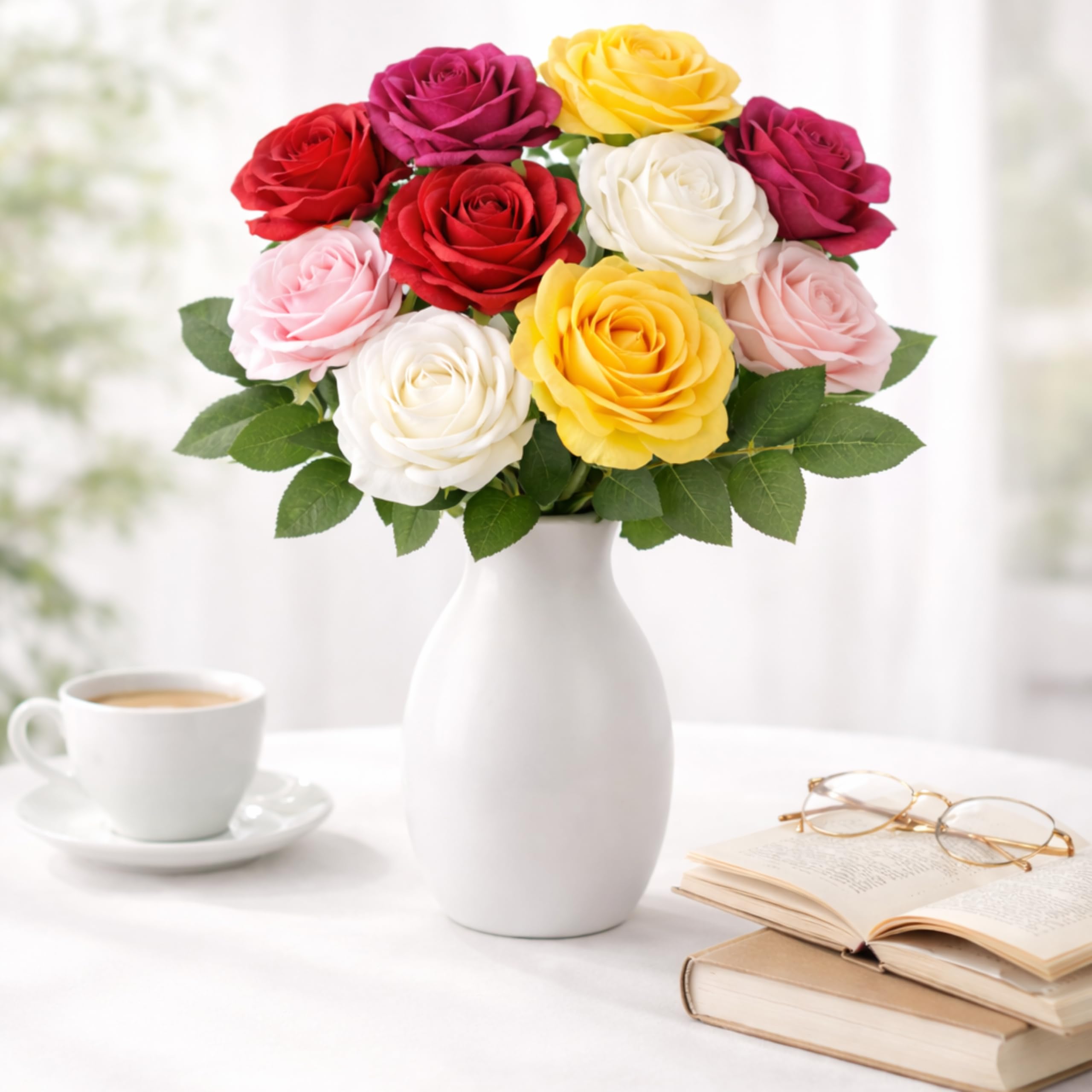 Dekorly Artificial Silk Rose Bouquet - 10 Long Stem Flowers -2 Dekorly Artificial Silk Rose Bouquet - 10 Long Stem Flowers -2