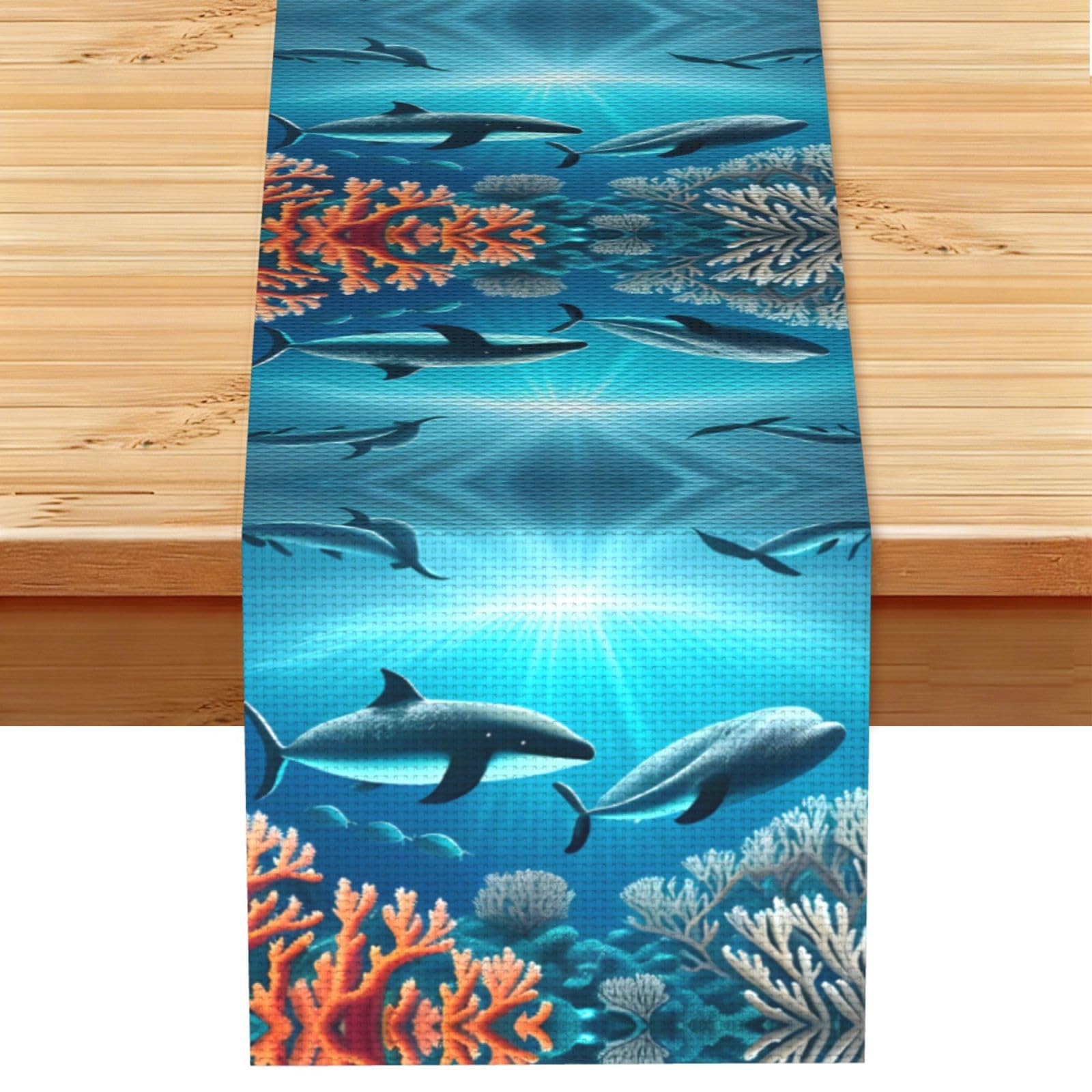 Whales under the sea Linen Look Table Runner 13x72-Wrinkle Resistant Farmhouse Style for Dining Table Decor