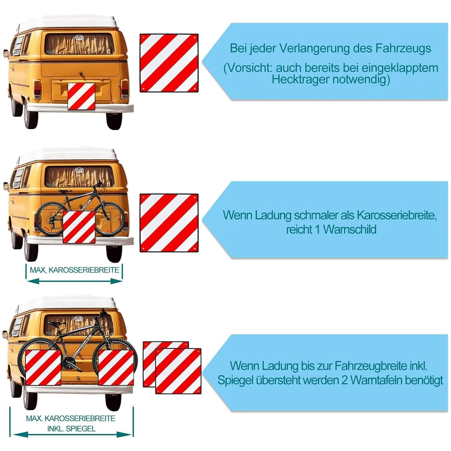TEOV 3 in1 Warntafel für Italien UND Spanien + Portugal | 4X Spanngurte PVC, 50x50cm, Reflektierend | Für Fahrradträger/Heckträger, Wohnmobil