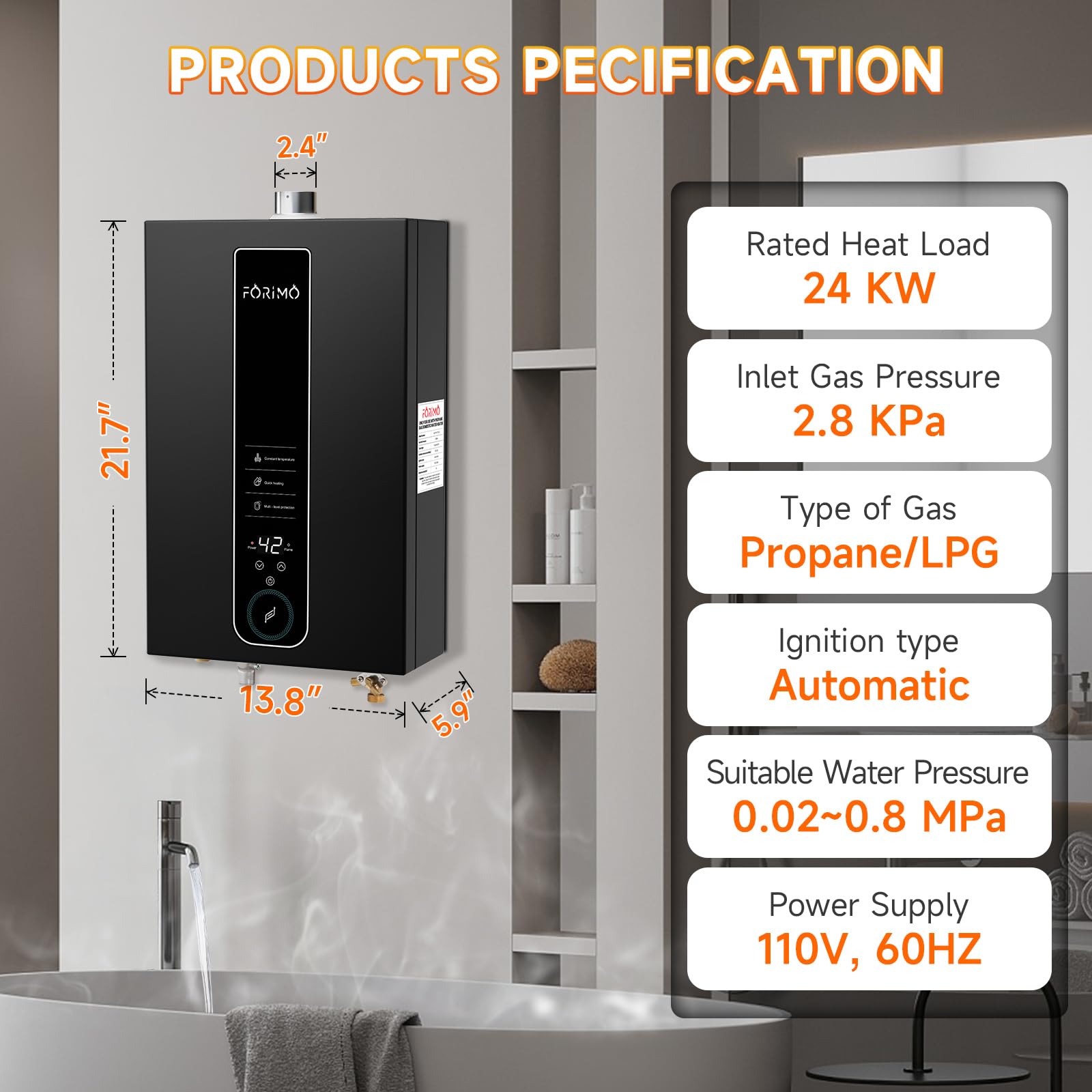 Calentador de agua sin tanque, propano, 4.21 GPM 18 L para interiores, calentador de agua instantáneo de gas propano caliente, con visualización digital Fahrenheit, multiprotección (negro) (LPG)