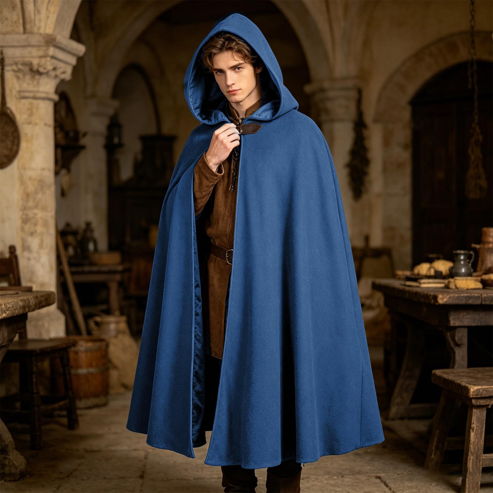 Cape de Renaissance avec capuche médiévale pour homme et femme, costume d'Halloween